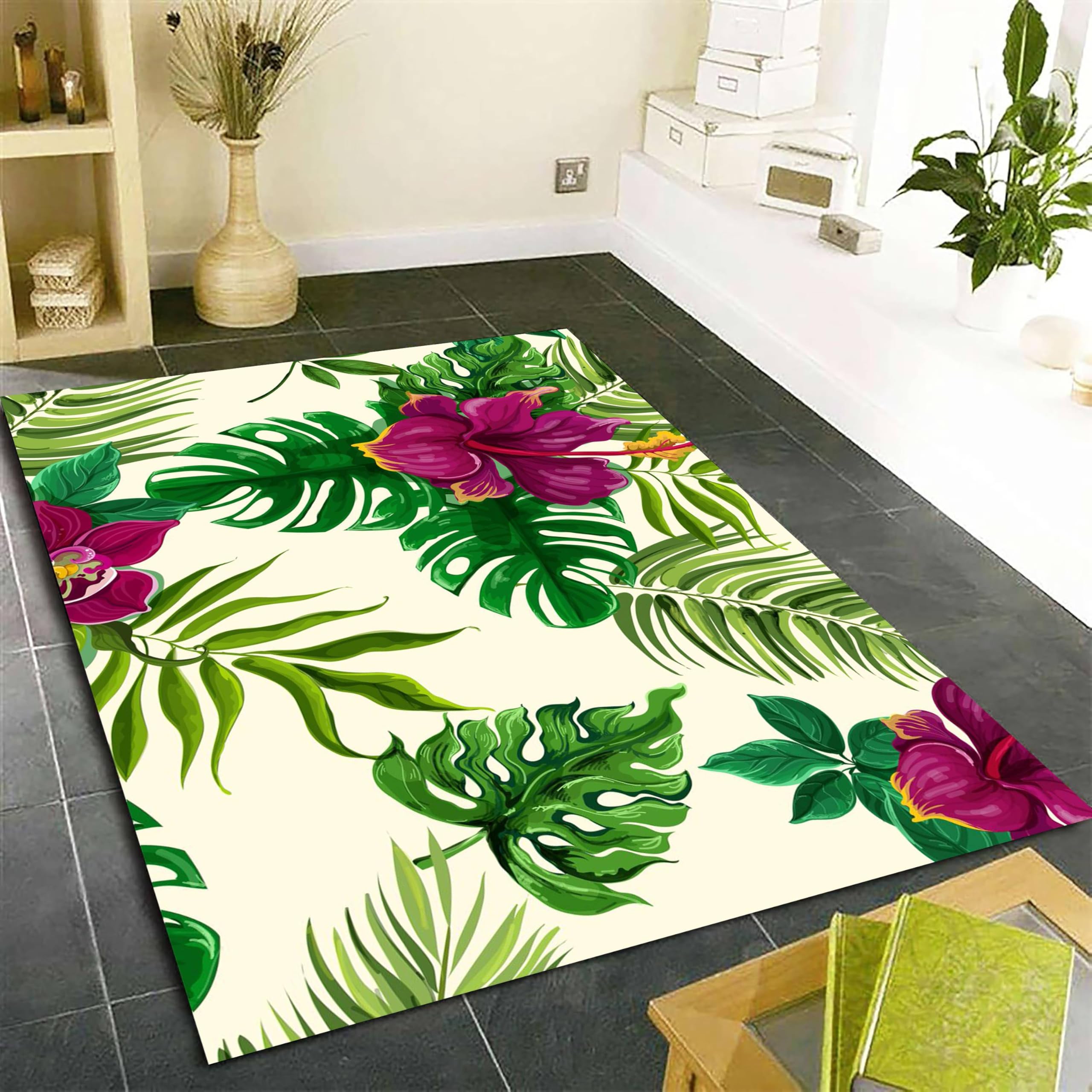 SOJAWA Floral Area Rug, 120x180cm Purple Flowers Green Plants Monstera Office Rugs, Non-Slip Washable Home Indoor Low Pile Carpet, Kitchen Bathroom Apartment Laundry Room Carpets