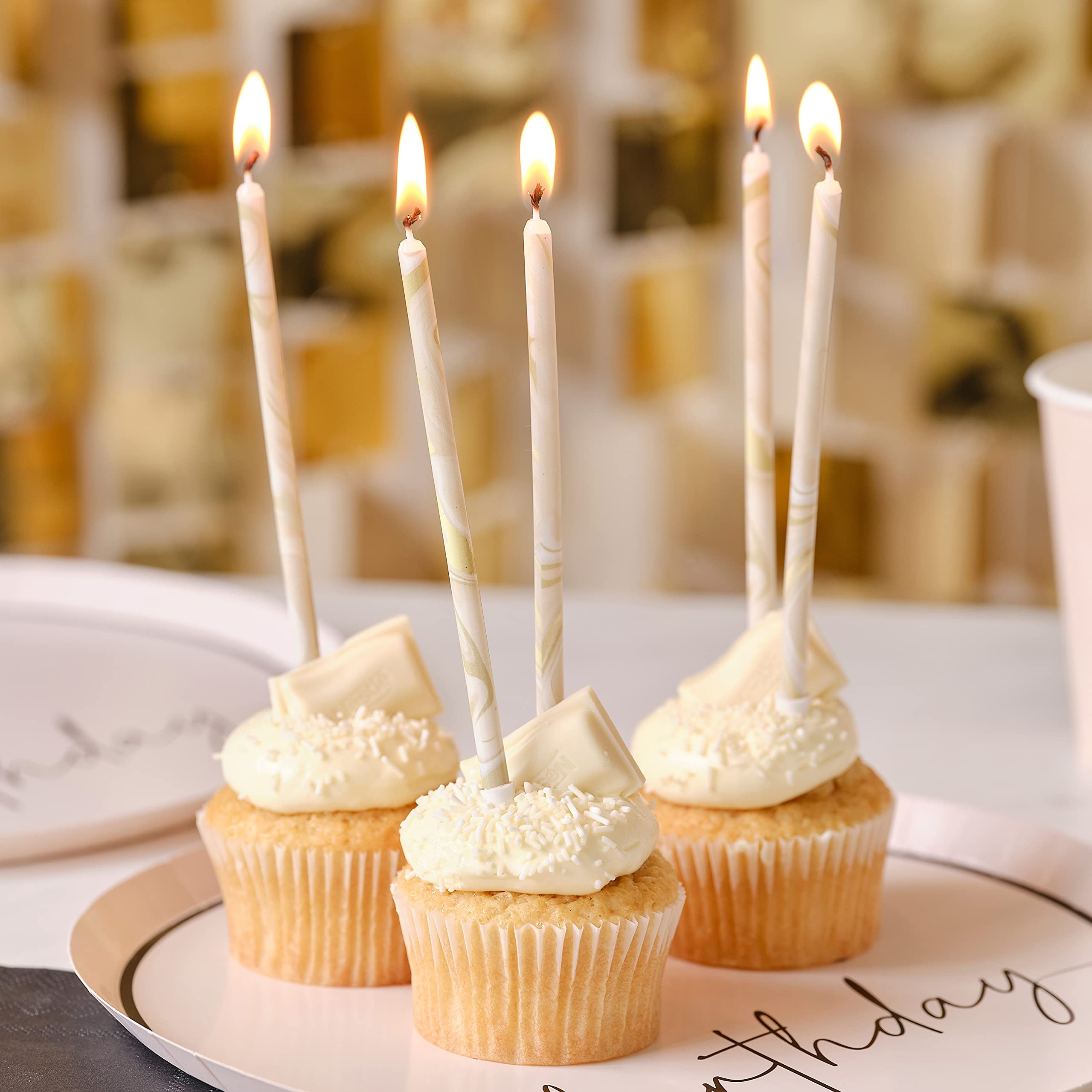 Ginger Ray Tall Thin Marble Birthday Cake Candle with Holders Pack of 12