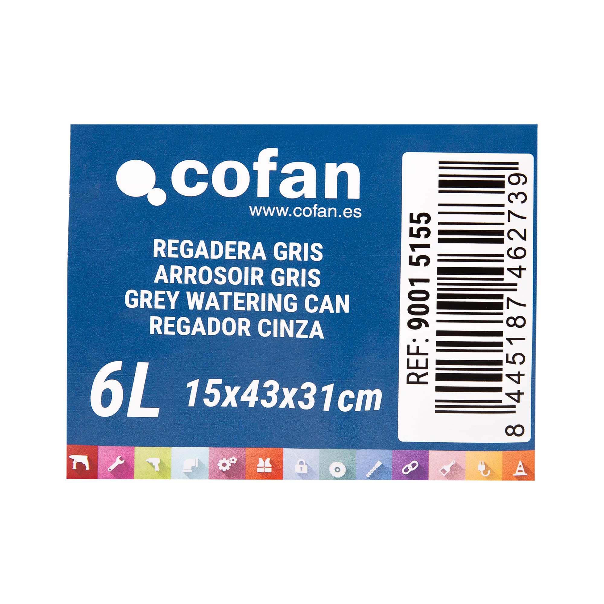 Cofan Regadera Gris de 6 litros con Cabezal Desmontable, HDPE Resistente, Asa de Transporte, Regadera para Interior y Exterior