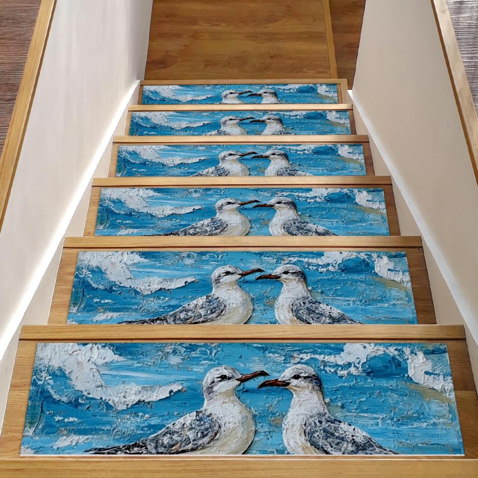 Tapis d'escalier antidérapants lot de 15 marches bois motif océan lavables