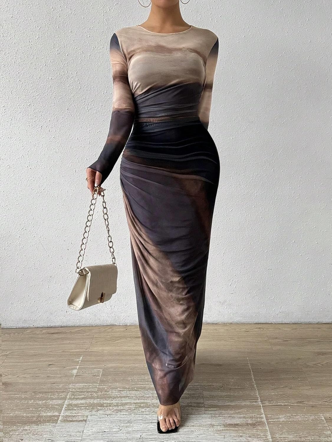 MOEENCN Women Sheer Mesh Maxi Dress Long Sleeve Bodycon Birthday Outfits Ruched Tie Dye Cocktail Club Party Dresses - Image 2