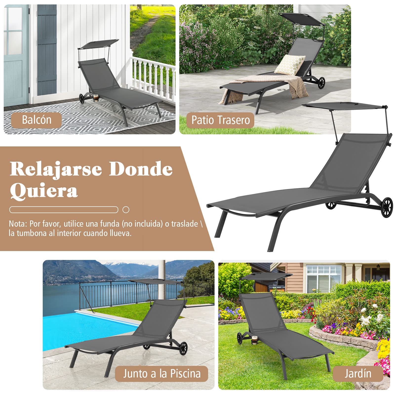 COSTWAY Tumbona Jardin Reclinable 6 Niveles, 2 Ruedas, Tumbona Playa Parasol Ajustable y Portavasos, 191 x 61 x 96cm, Carga 150kg, ExteriorTerraza Balcón Piscina (Gris,2)