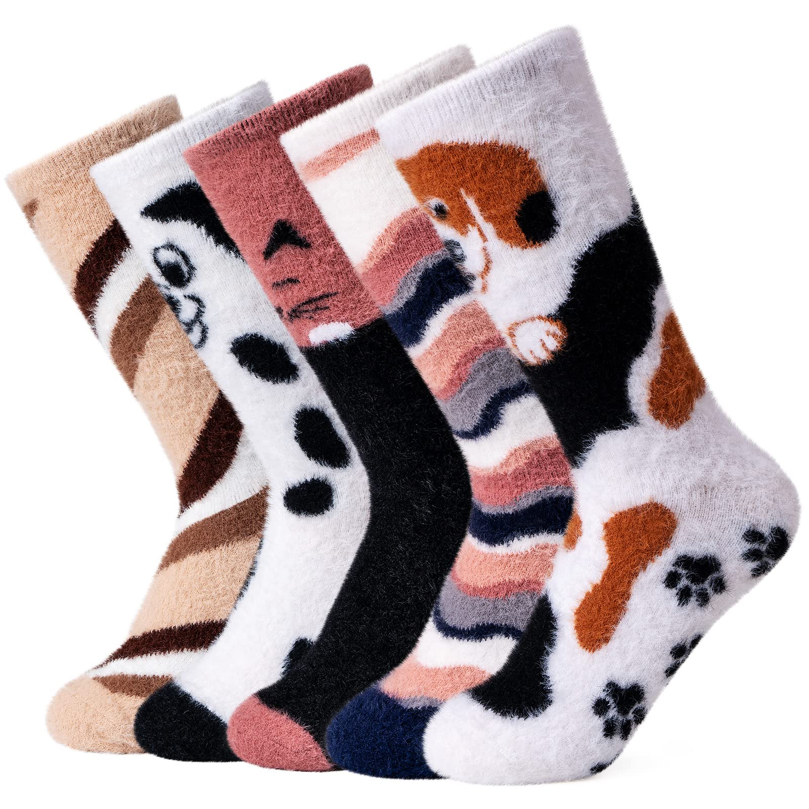 Slipper Socks for Women Anti-Slip 5 pairs Super Soft Warm Cozy with Cute Animal Winter Fluffy Fuzzy Slipper Socks