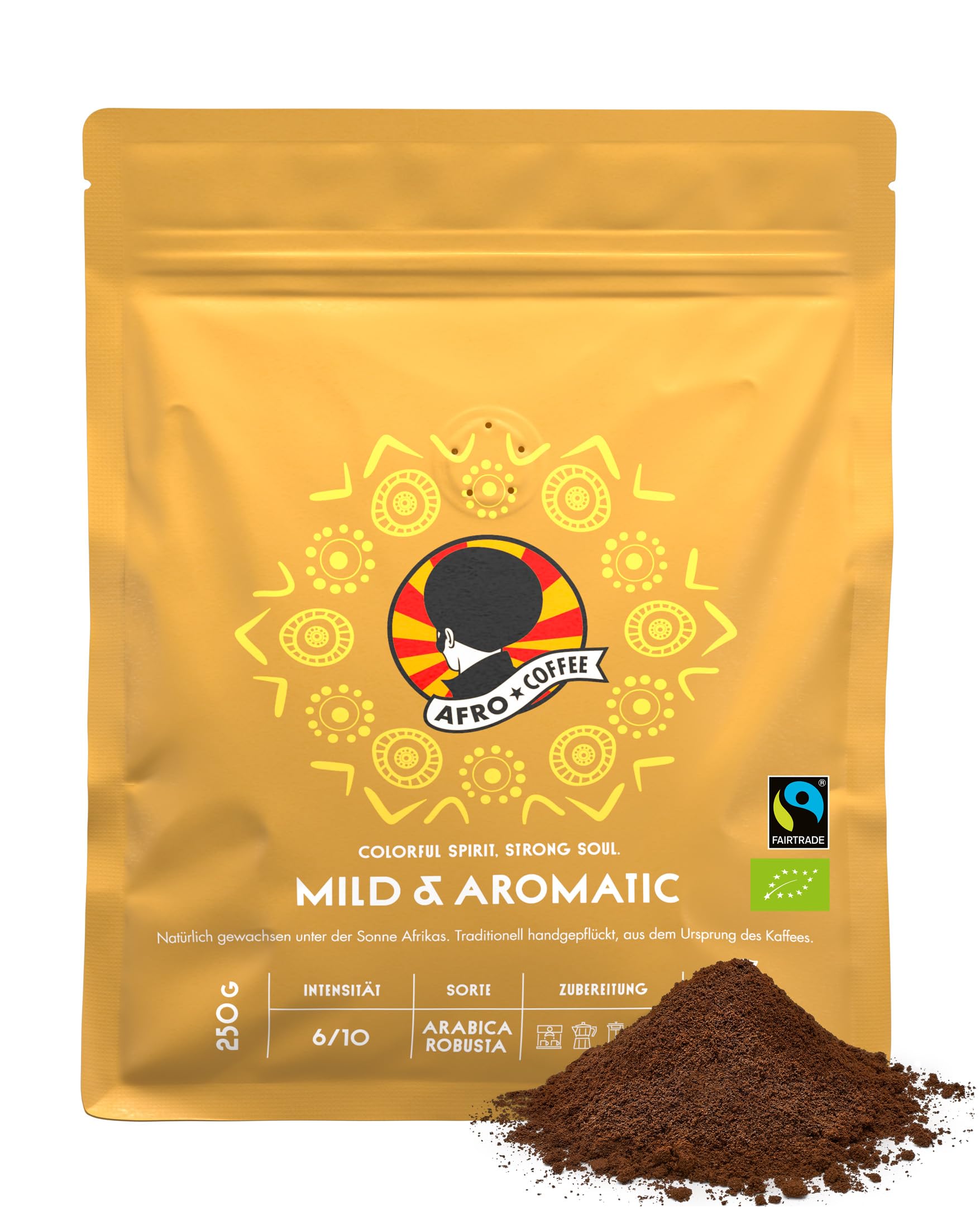 AFRO COFFEE Mild & Aromatic I 250g Premium Bio Kaffeepulver Fairtrade I Arabica & Robusta Kaffee Pulver I Kaffee gemahlen aus Ostafrika mit blumiger Note I handgepflückt, mittel geröstet, säurearm
