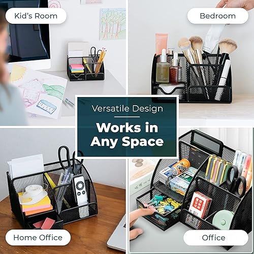 Miniatura 6 de zqanve Organizador de escritorio de malla para oficina, soporte de ping con 1 cajón y 6 compartimentos, organizador de metal estacionario,