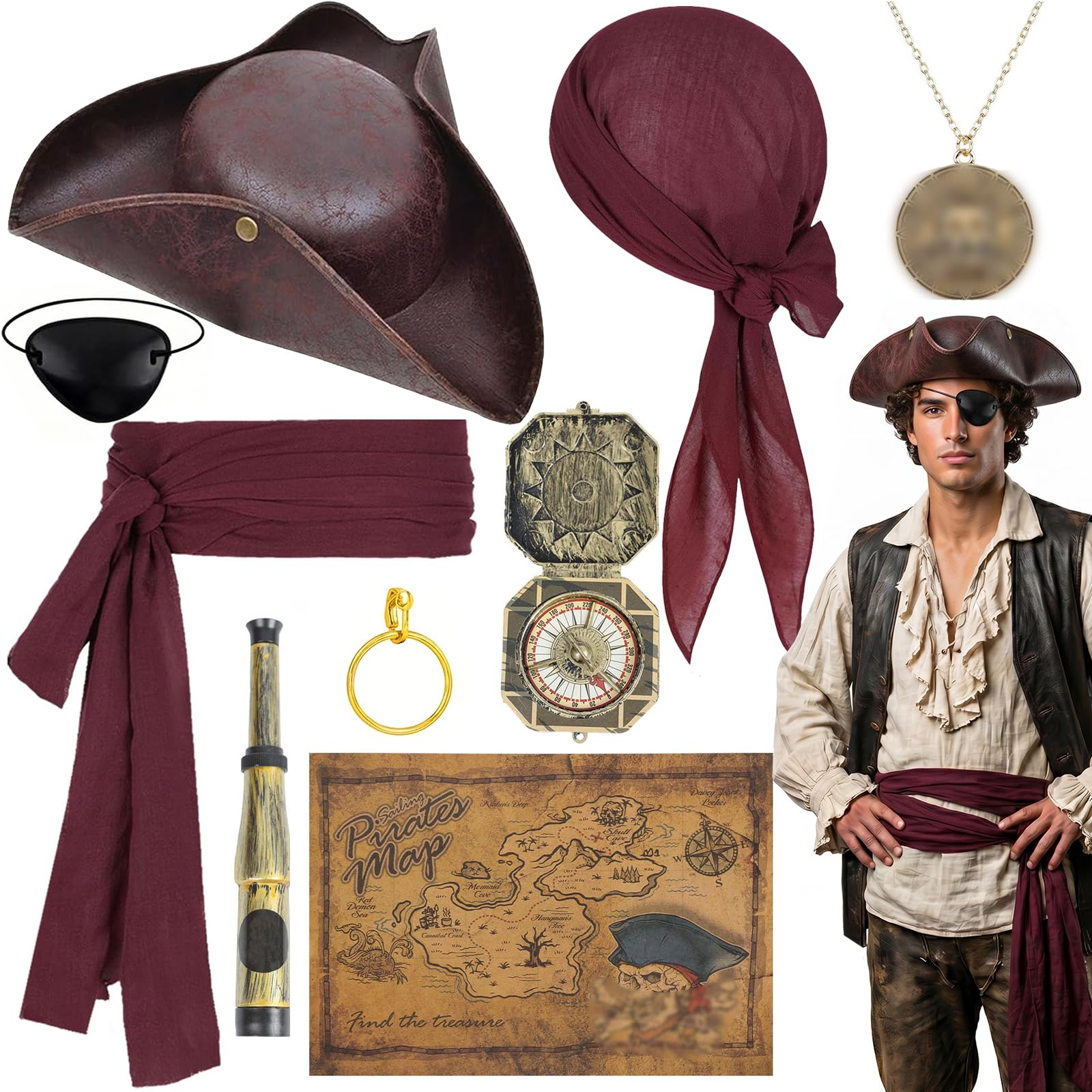 iSharely 9Pcs Pirate Costume Accessories Set for Women Men(Burgundy)