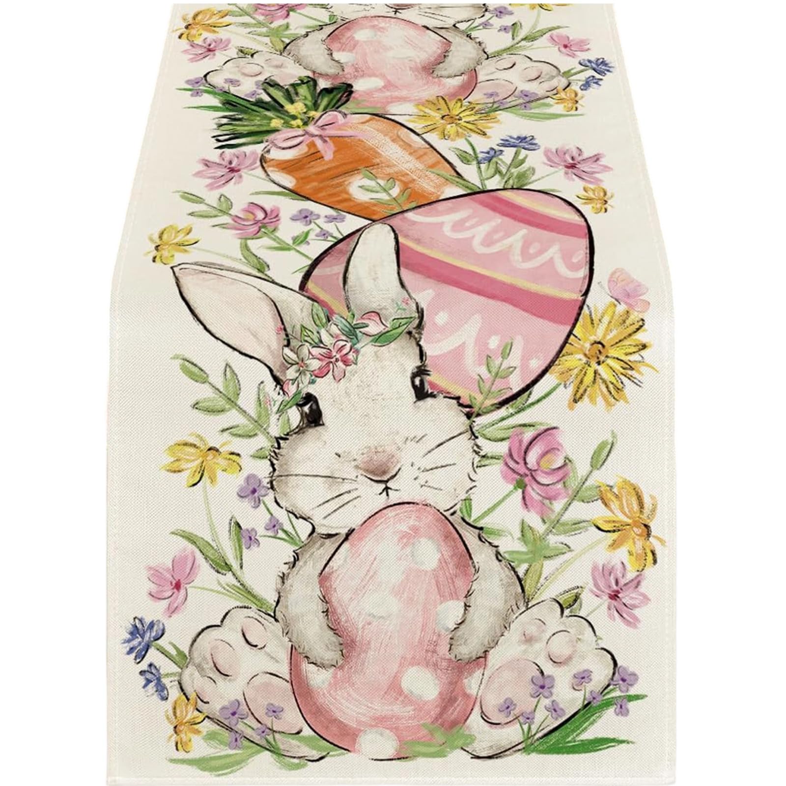 Jazuaiao Table Scarf Easter Rabbits Eggs Pattern Rectangular Washable Table Runner for Spring Decorations and Home Styling Farmhouse Linen Easter Eggs Bunnies Tablecloth Washable Rectangular Runner