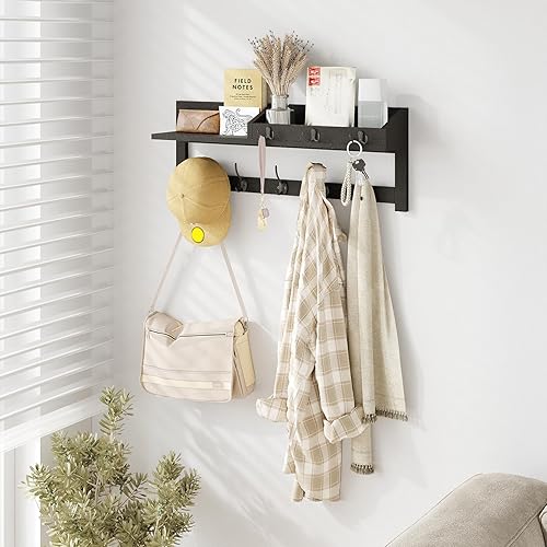 Miniatura 9 de AMBIRD Ganchos de pared con estante de 26.57 pulgadas para colgar en la pared, ganchos de madera para colgar abrigos de pared con estante para
