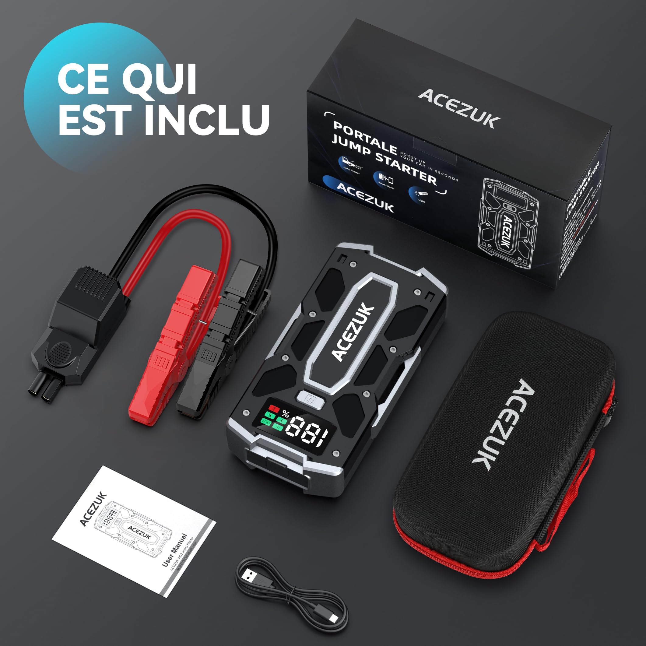 ACEZUK Booster Batterie Voiture 9000A, Démarreur de Batterie de Voiture Portable(Jusqu'à 8.0L Diesel ou 10.0L Gaz), 12V Jump Starter, Pinces Intelligentes avec Écran, Lumière LED, Port de QC3.0