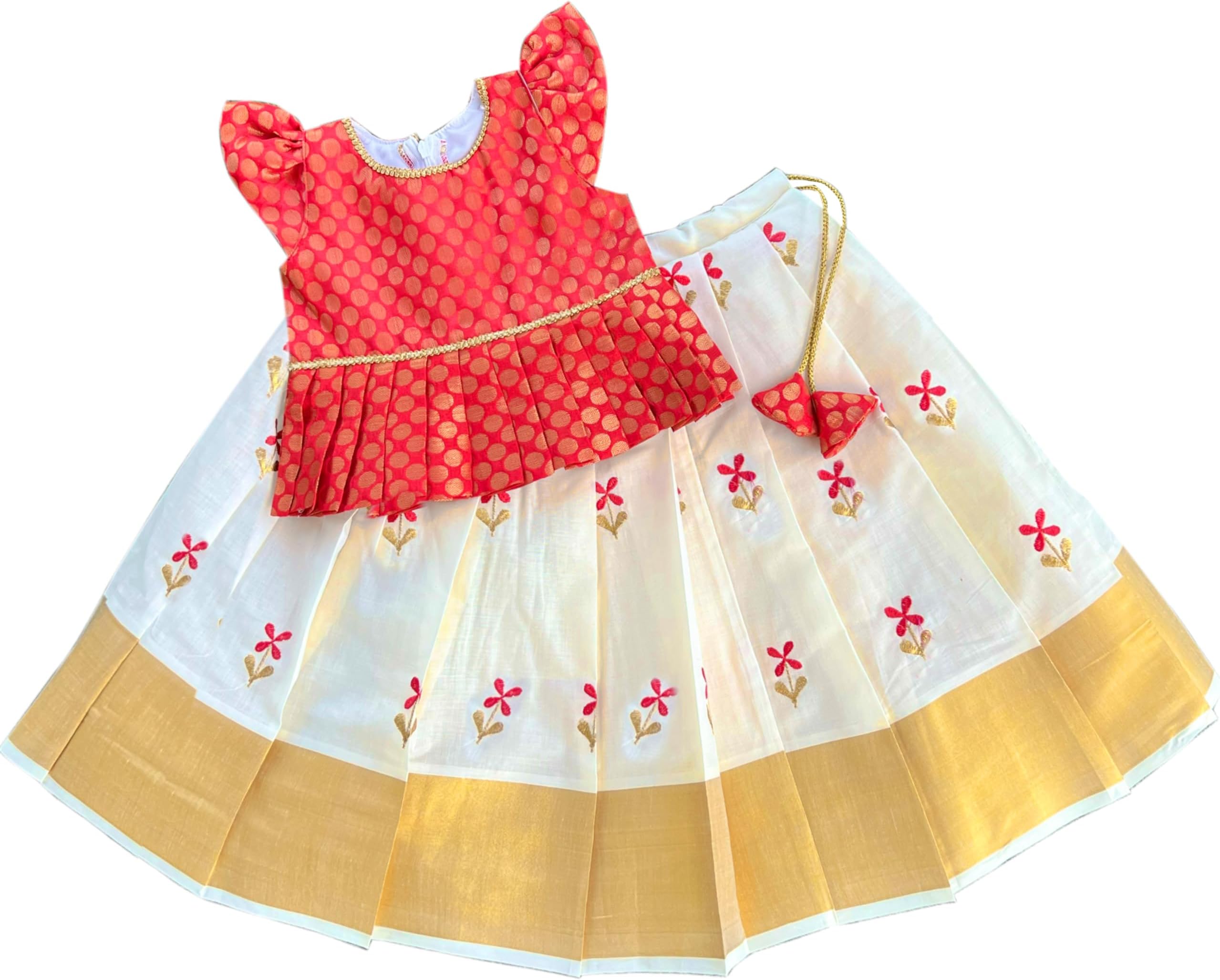 Stanwells Kids Kerala Kasavu Polka Brocade Silk Baby Girls Floral Embroidery Lehenga Choli Set
