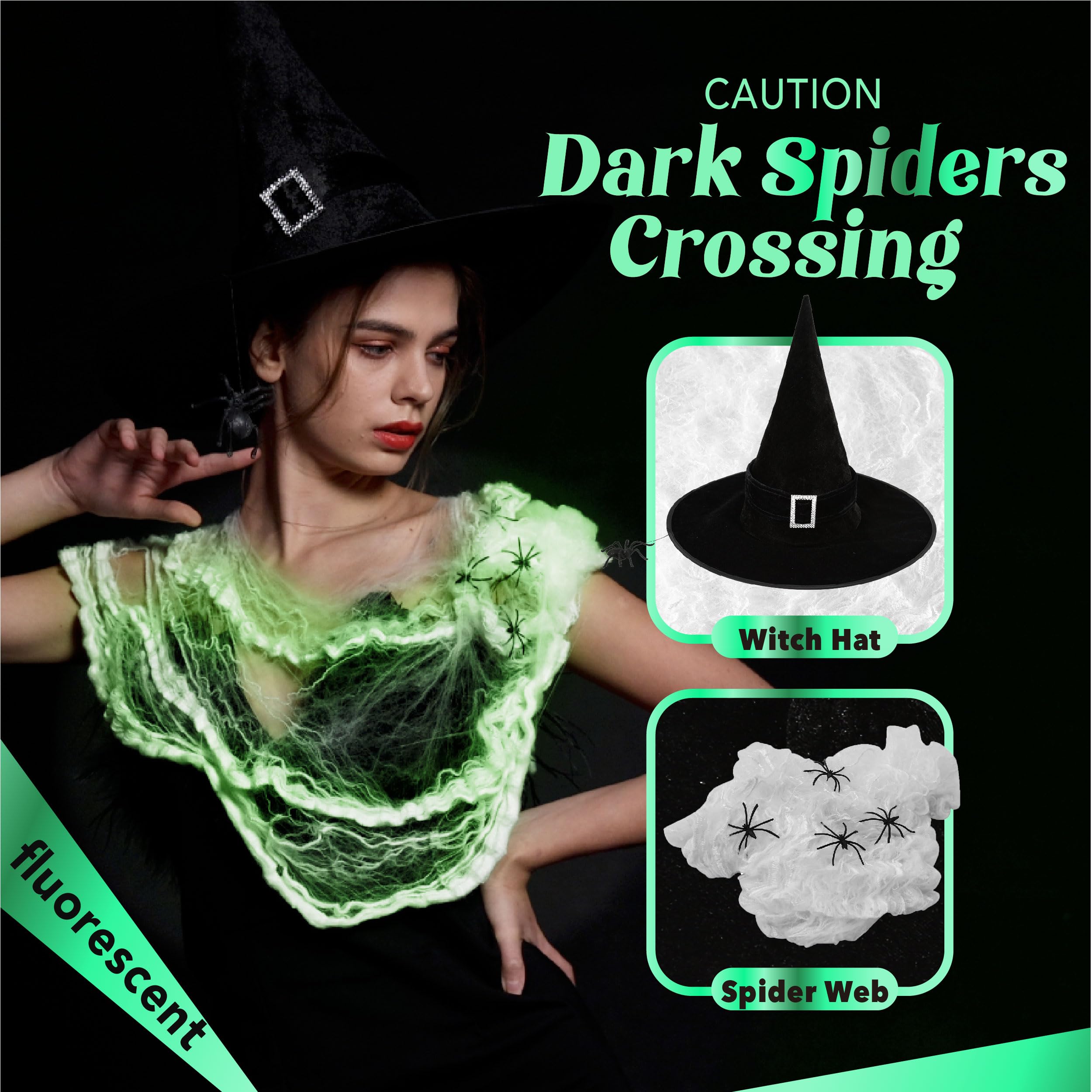 UNKENBO 2023 Halloween Glowing Spider Web Witch Hats for Women - Large Black Velvet Witch Hat with Fake Spider and Glow in the Dark Spider Webs Halloween Decorations Best Adult Witch hat Costume