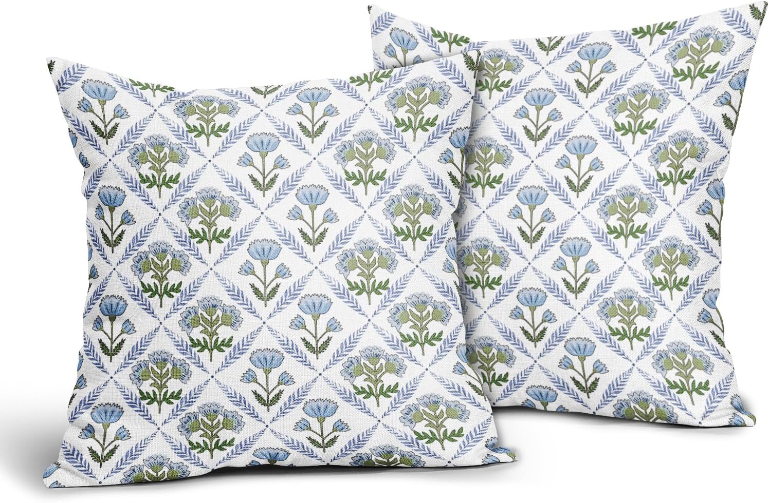 aportt Blue Green Block Print Pillow Covers 18X18 Inch Set of 2 Boho Flower Decorative Pillow Cases Spring Summer Rustic Cotton Linen Cushion Case Farmhouse Home Decor for Sofa Couch Living Room - Image 2