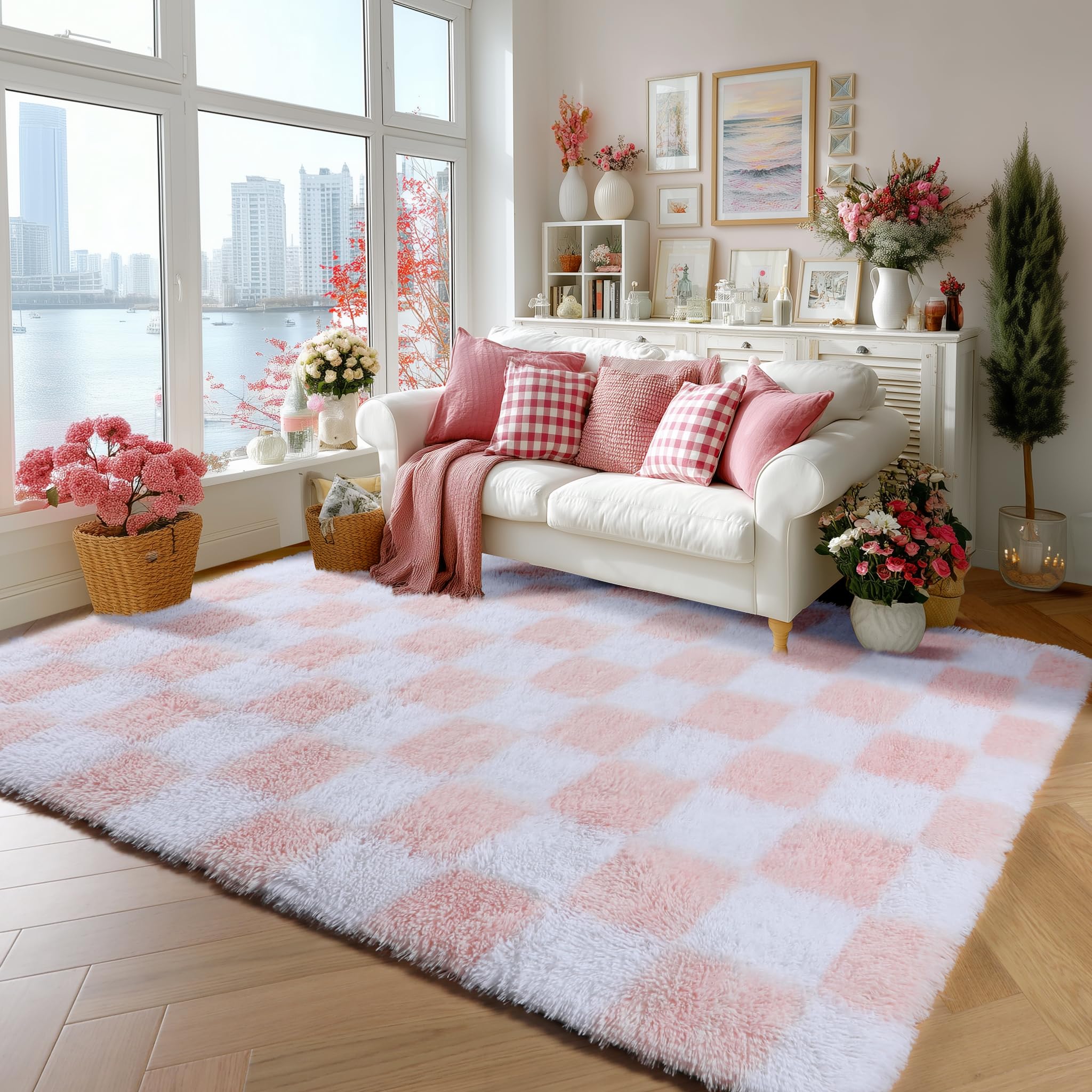 KICMOR Light Pink and White Rugs for Bedroom Girls, 4x6 Fluffy Fuzzy Checkered Shag Area Rug Shaggy Bedside Carpet, Soft Plush Cute Rug for Toddler