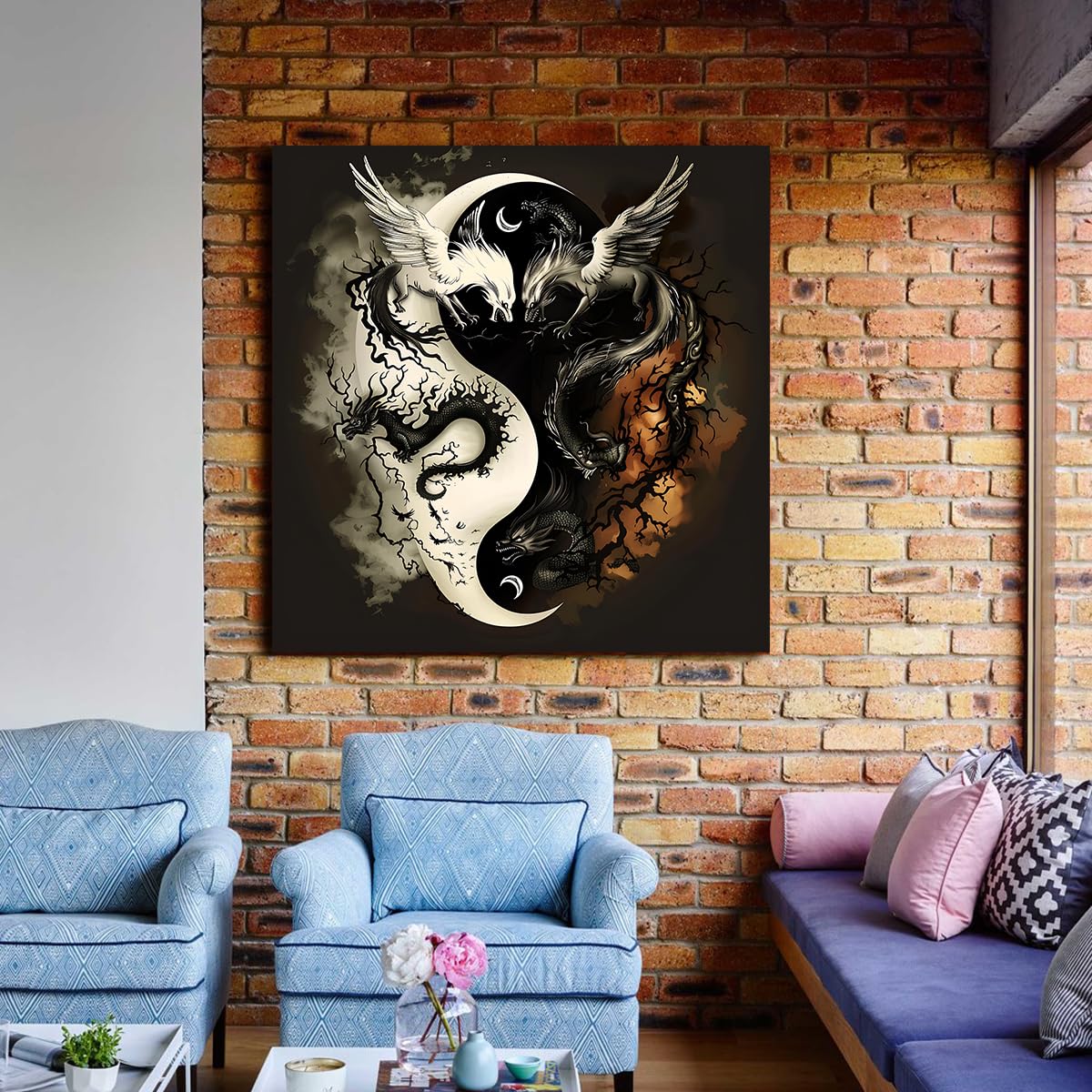 Via Vela Yin Yang Dragon Toile Art Mural Mystique Noir Blanc Affiche Oeuvre D’animaux Impressions Art Oriental Animaux Mythiques Pour Salon Décoration Intérieure 40x40cm Cadre Intérieur