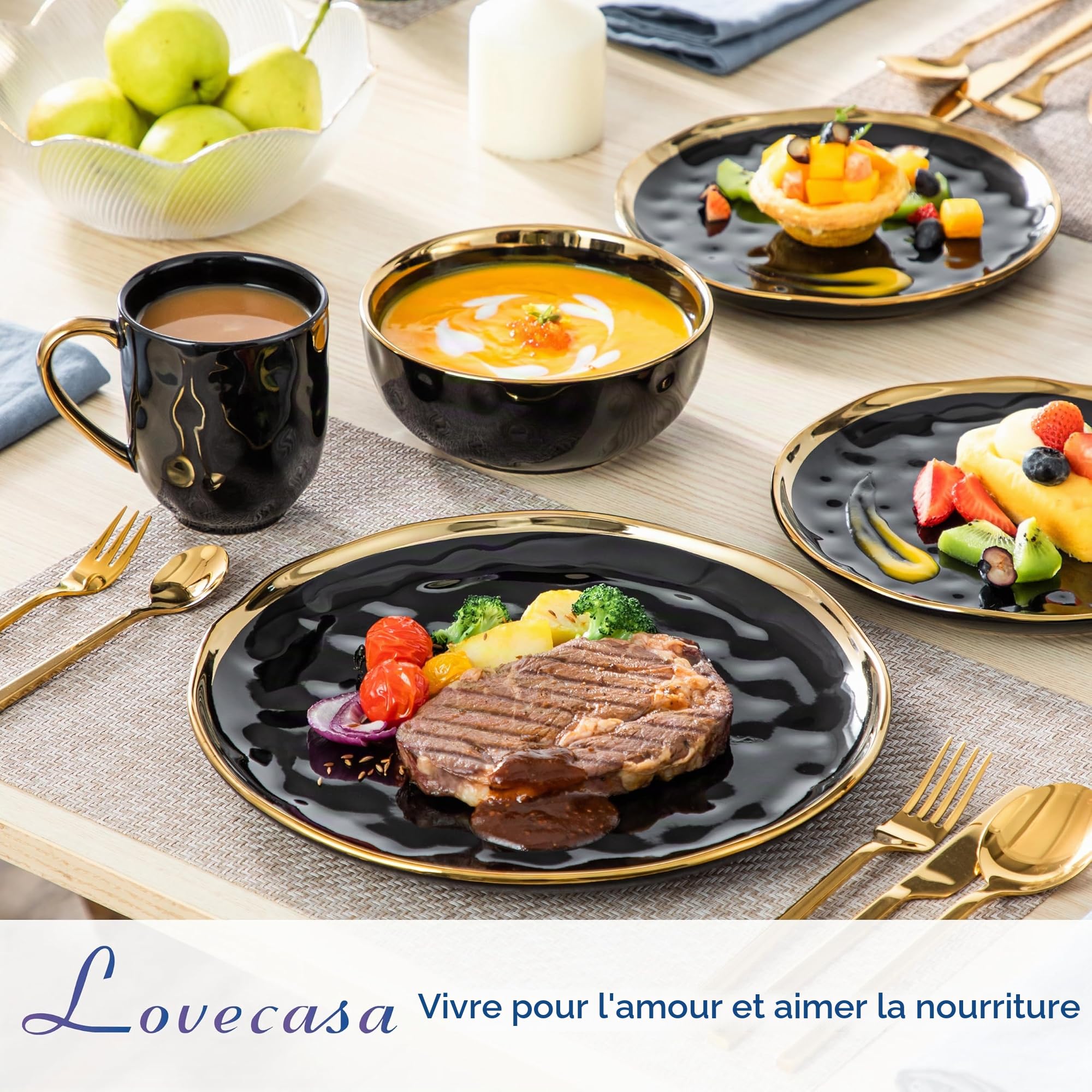 LOVECASA, Série Sweet. 16pcs Service de Table Complet en Grès pour 4 Personnes 4 Assiettes à Dessert, 4 Assiettes à Dîner, 4 Tasses, 4 Bols avec Garniture Dorée - Noir