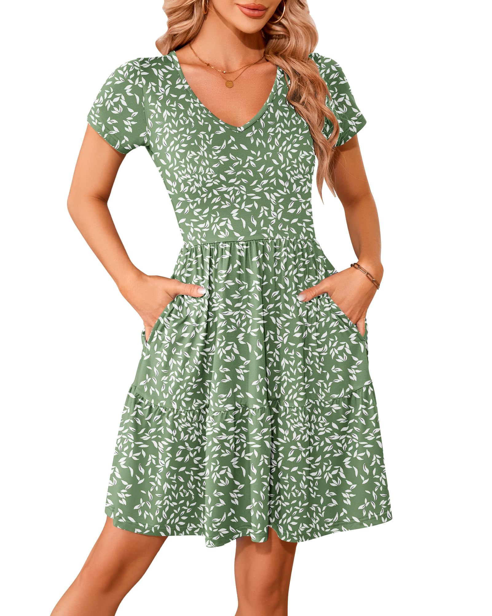 WNEEDU Sommerkleider Damen V Ausschnitt Kurzarm Strandkleid Elegante Knielange Freizeitkleid Taillenbetontes Midikleid mit Taschen