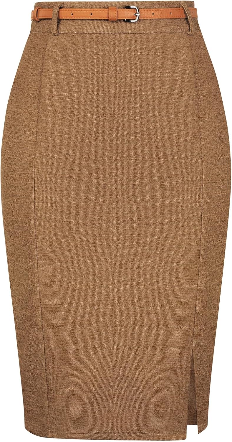 Kate Kasin Women's Tweed Pencil Skirt Knee Length High Waisted Skirts with Slit Elegant Skirts with Belt