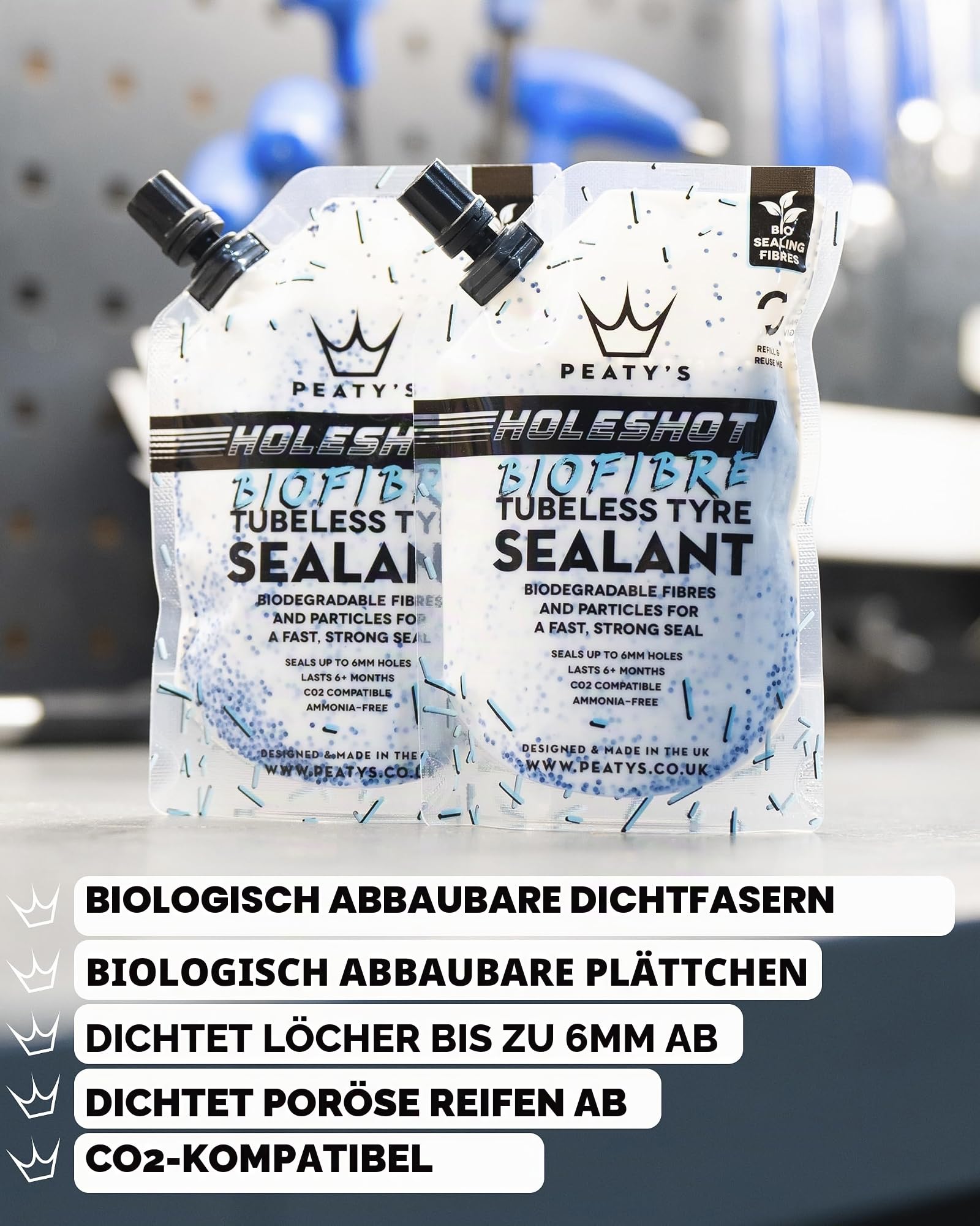 Peaty's Holeshot Tubeless-Umrüstkit - XC und Trail, 25mm Felgenband, 42mm Tubeless Ventil, 2 x 120ml Biofibre Reifendichtmittel Fahrrad, Felgen- und Pannenschutz Fahrrad, Zubehör für Reifen & Felgen