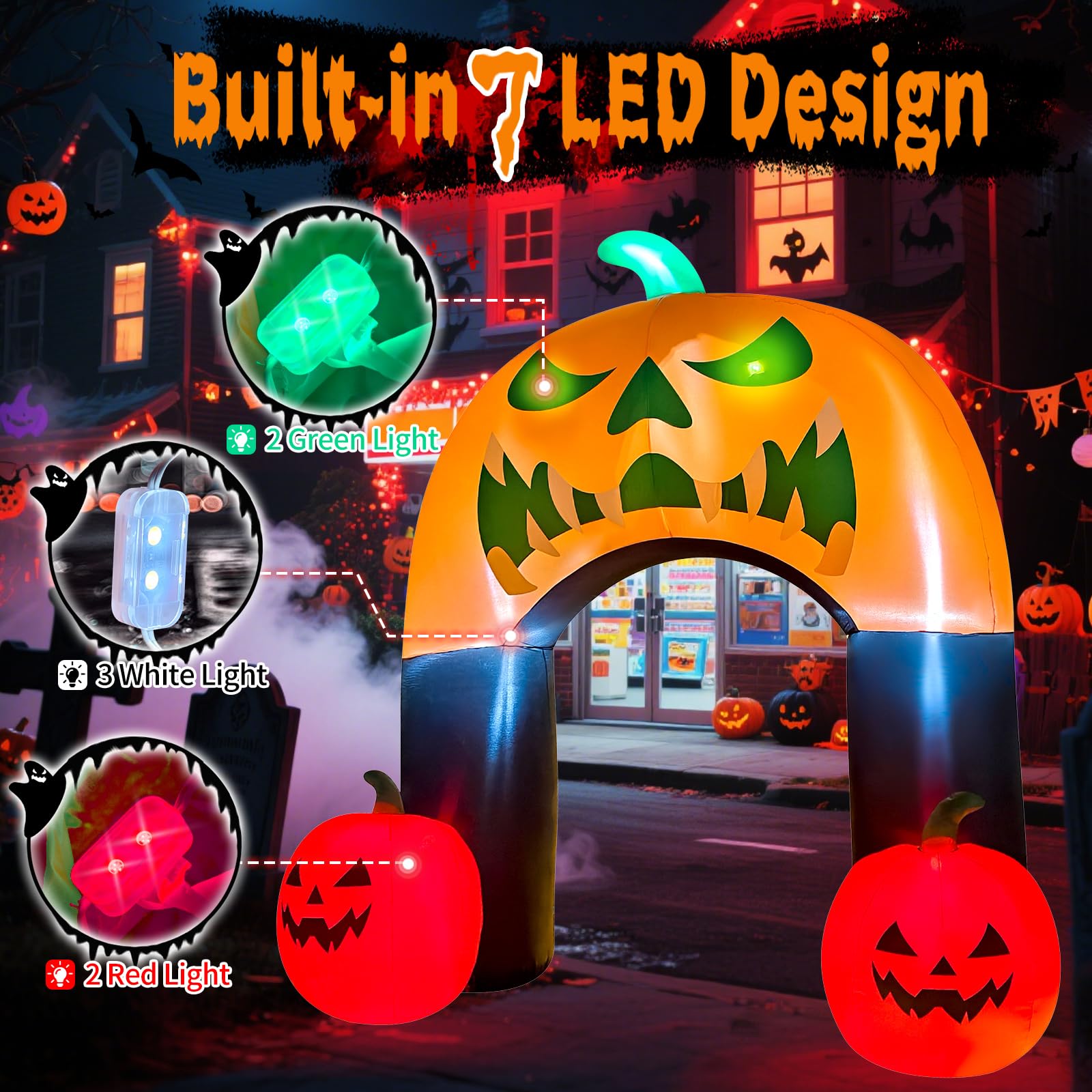 Zucca gonfiabile di Halloween con gatto strega a LED, decorazione animata da cortile per esterni, prato, feste, balcone e patio (arco di zucca da 3 m)