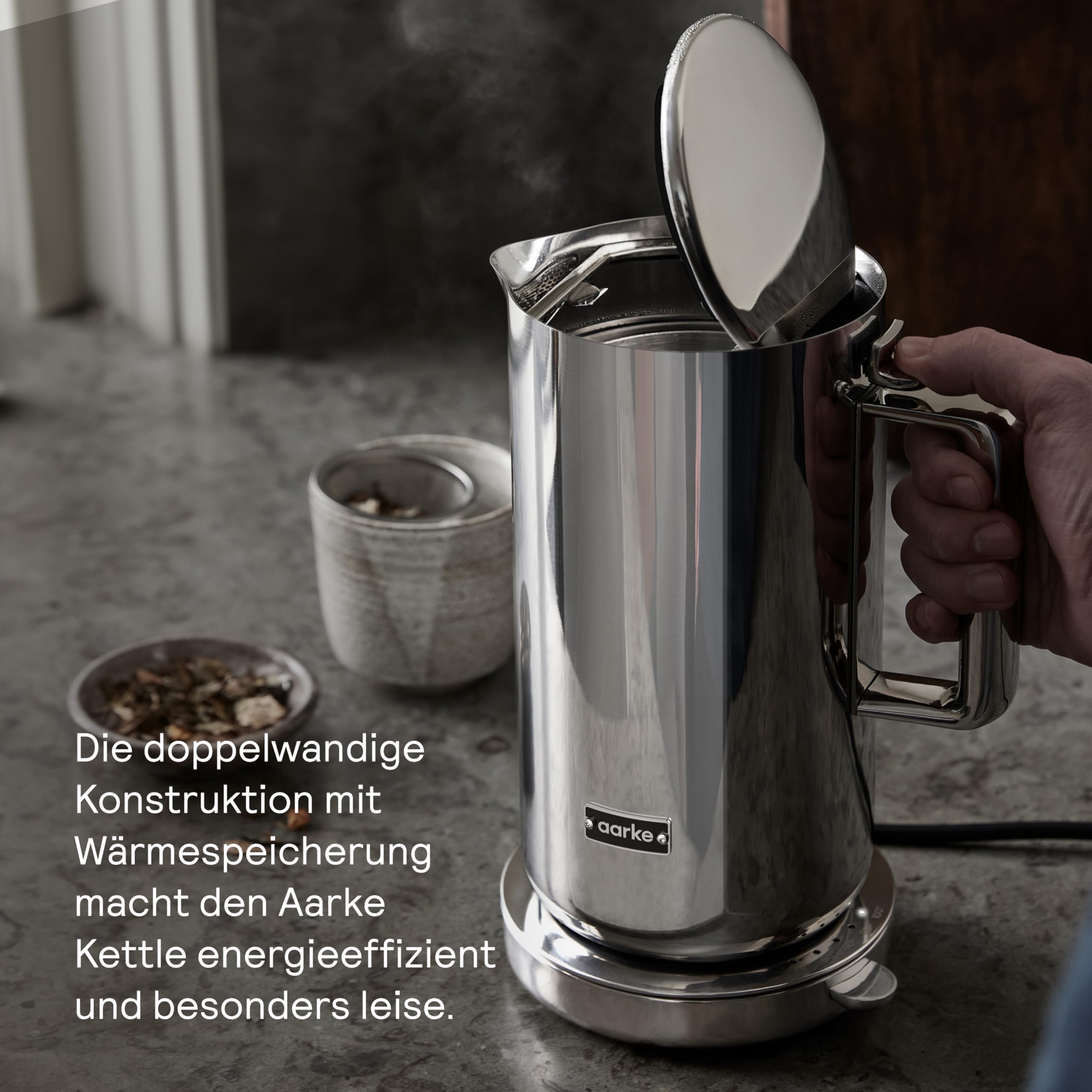 Aarke Wasserkocher aus Edelstahl mit mehreren Temperatureinstellungen, 360° drehbarem Sockel, leisem Kochvorgang und tropffreiem Ausgießer, Fassungsvermögen von 1,2 Litern (Steel)