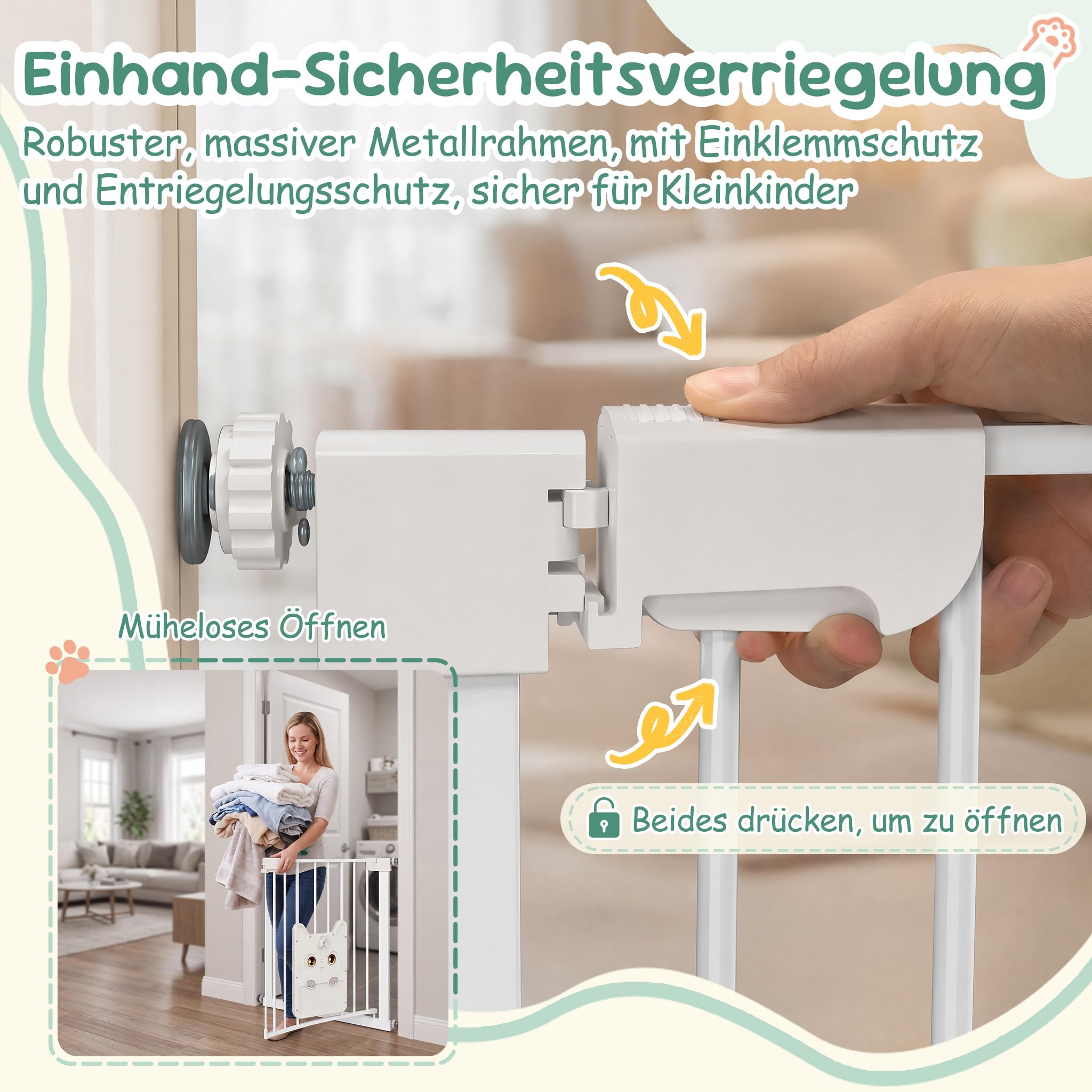 XMTECH Rejilla de protección para puerta con puerta para gatos, sin agujeros, color blanco, 85-95 cm | Cierre automático con parada de 90°, giro de 180°, doble cierre de seguridad, puerta de gato con bloqueo, metal grueso