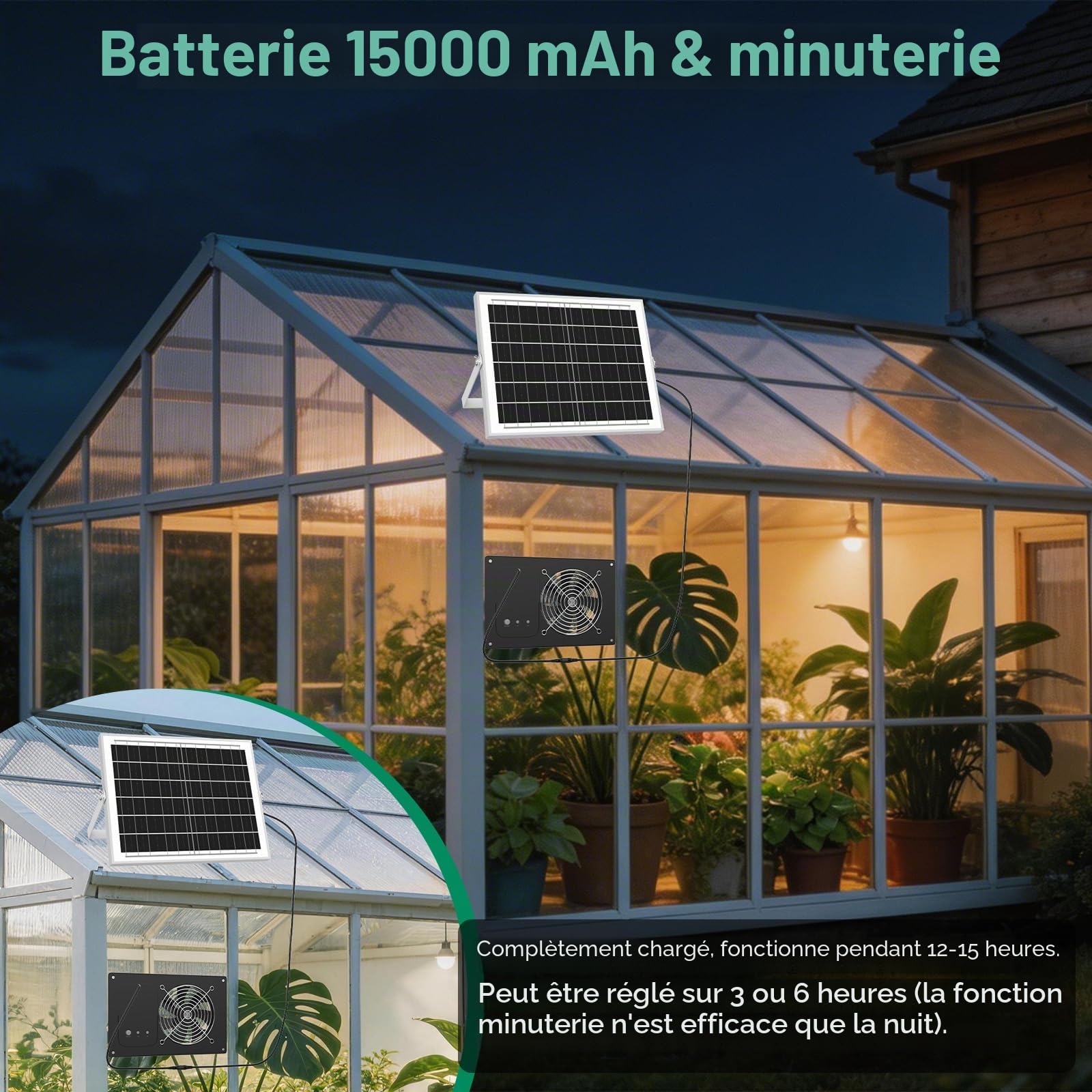 Ventilateur solaire 15000mAh 25W 3500RPM étanche silencieux pour poulailler serre