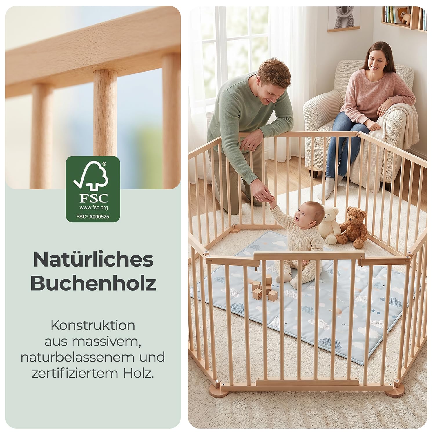 Laufstall Baby XXL Klappbar mit Tür, Laufgitter Baby inkl. 6 Elementen je 100 x 72 cm, Babygitter Holz Faltbar, Kinderlaufstall & Absperrgitter Für Innen- und Außenbereich