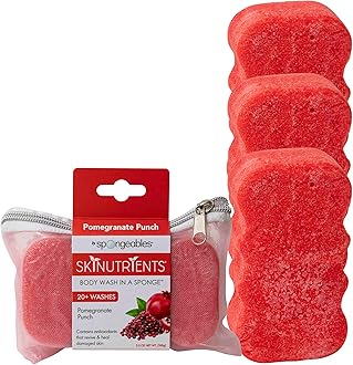 Skinutrients Body Wash in a Sponge, Pomegranate Punch, With Bonus Travel Bag, 20+ Washes, Pack of 3