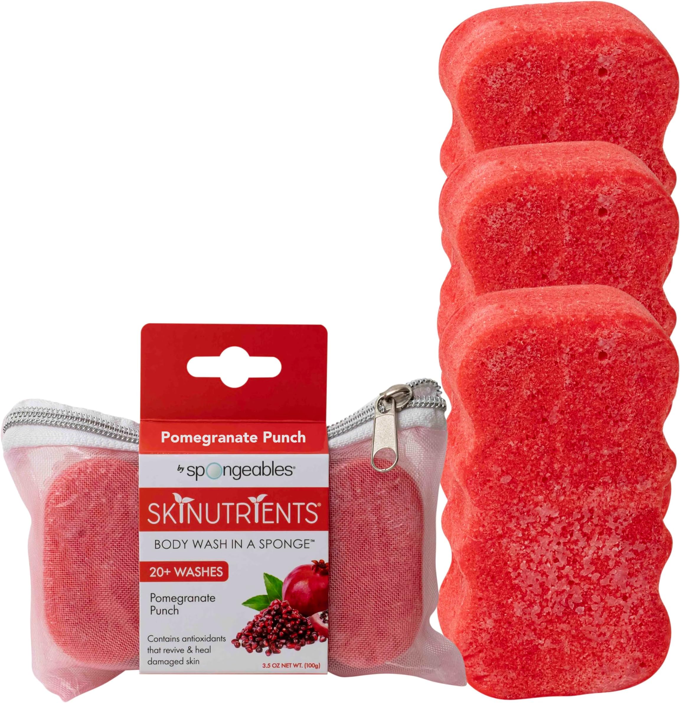 Spongeables Skinutrients Body Wash in a Sponge, Pomegranate Punch, With Bonus Travel Bag, 20+ Washes, Pack of 3