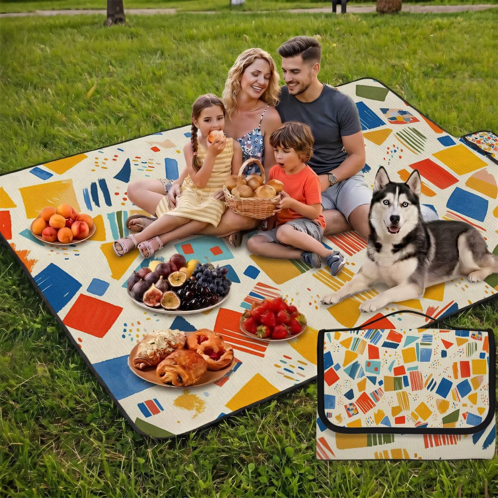 Couverture Pique Nique Grande 200x300cm,Outdoor Couverture Imperméable,Pliable Tapis de Plage Dos en PVC,Picnic Blanket pour Camping Accessoires,Jardin,Parc - Couleur crème,géométrique (7) UZ-104
