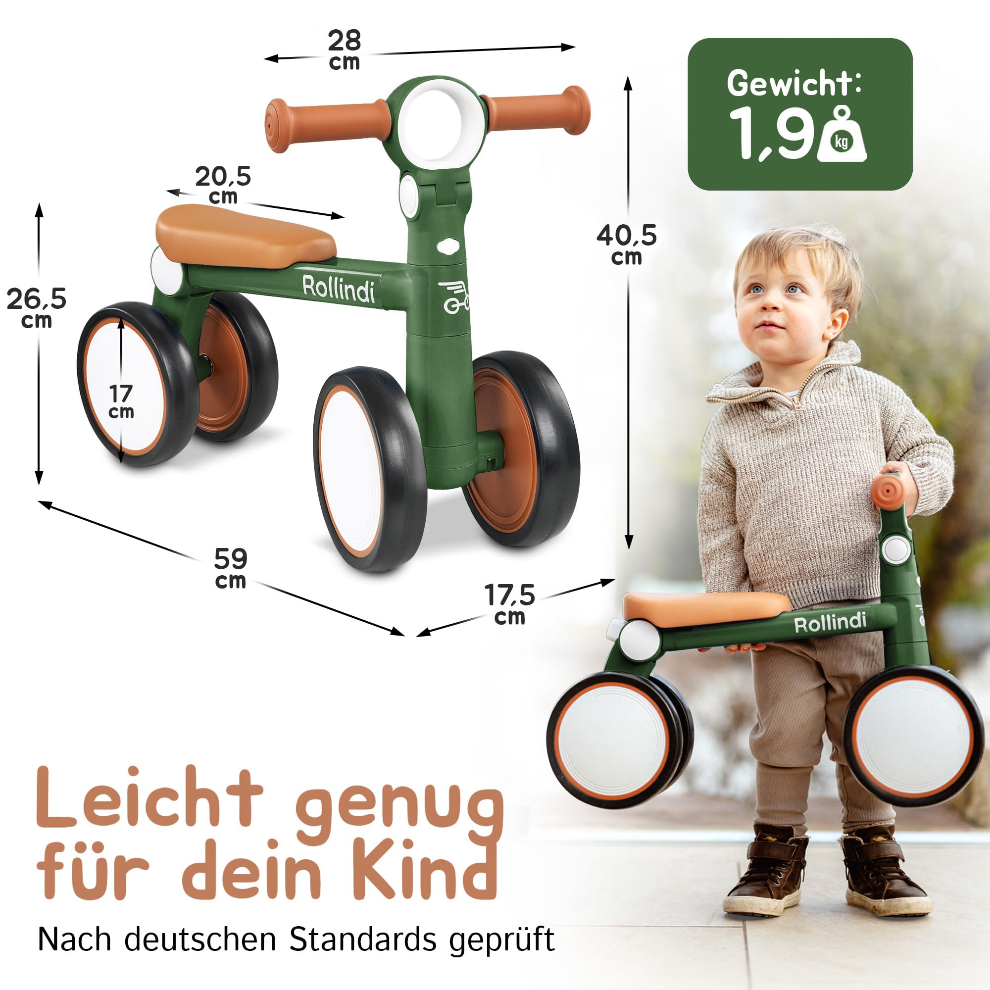 Walk – Sicheres erstes Laufrad ab 1 Jahr, Ultraleicht & kippsicher, leise Räder für drinnen & draußen, mitwachsendes Lauflernrad Baby 12–36 Monate, Geschenk zum 1. Geburtstag, Grün