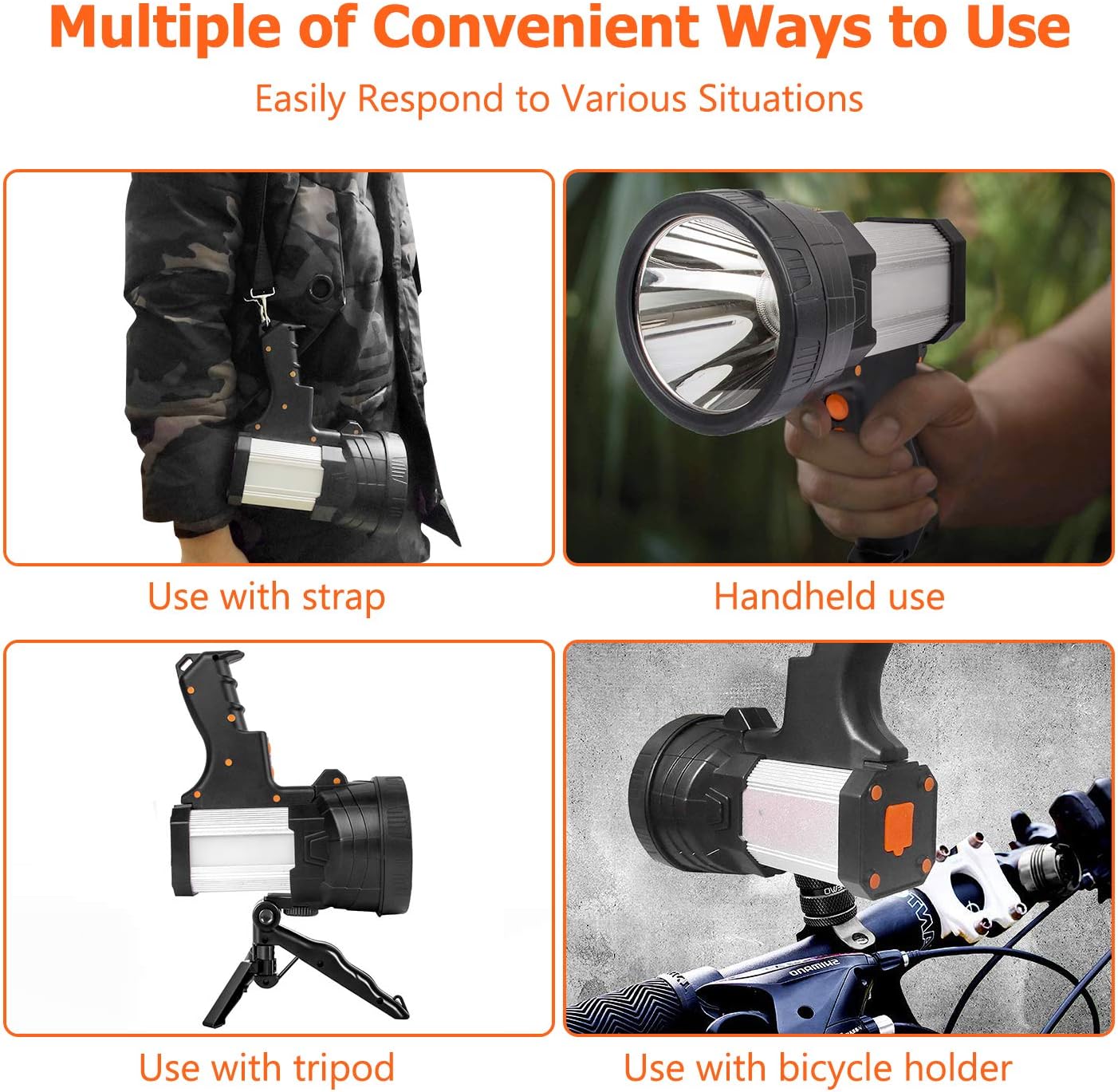 Super Bright Spotlight 6000 Lumen LED Flashlight Handheld Rechargeable Spot Lights Outdoor 9600mAh Long Lasting Large Torchlight Searchlight and Floodlight Hiking Flashlight USB Output (Silver) - - 