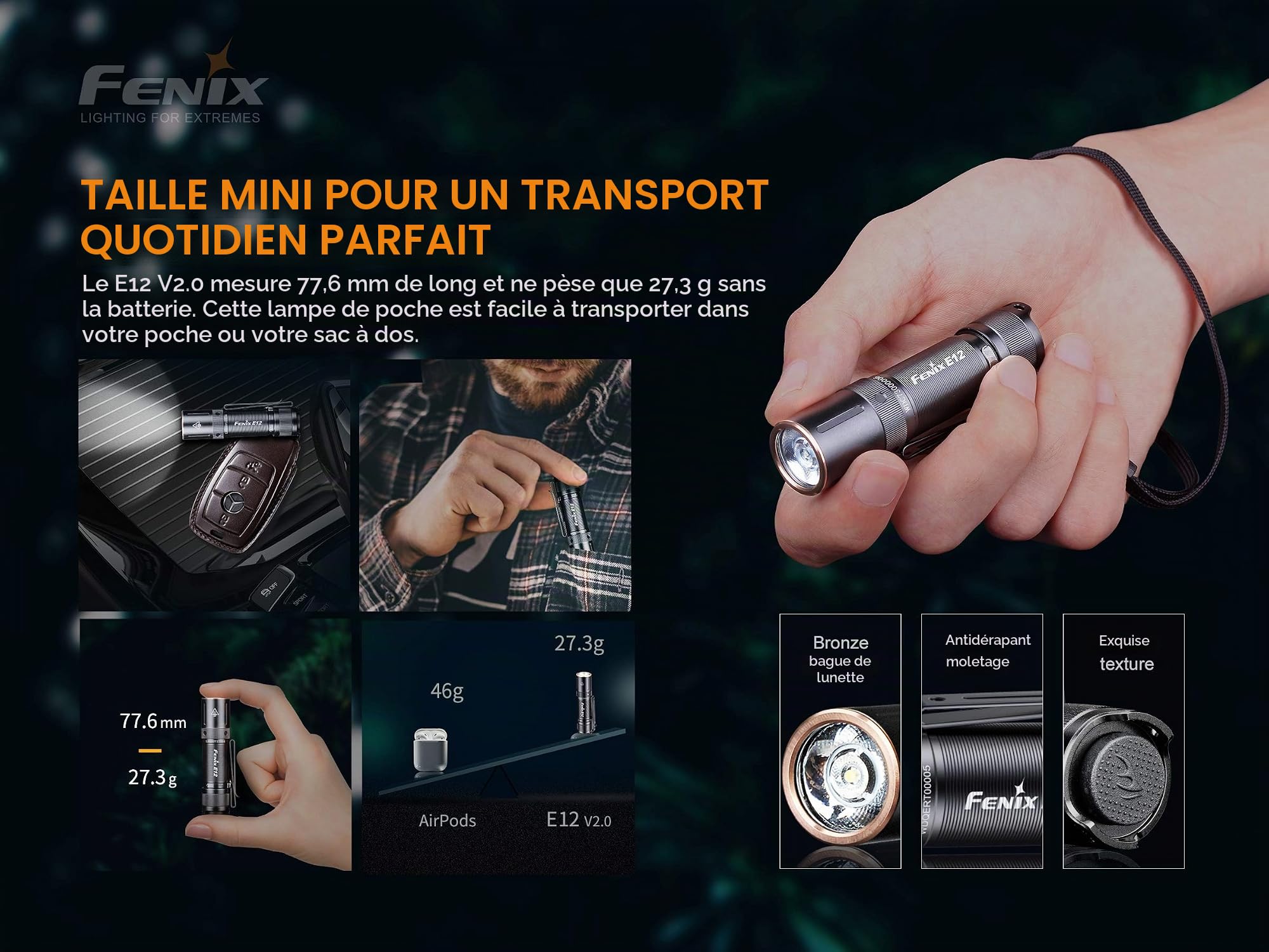 FENIX E12 V2.0 Étanche Lampe de Poche, Noir, 77,6 mm