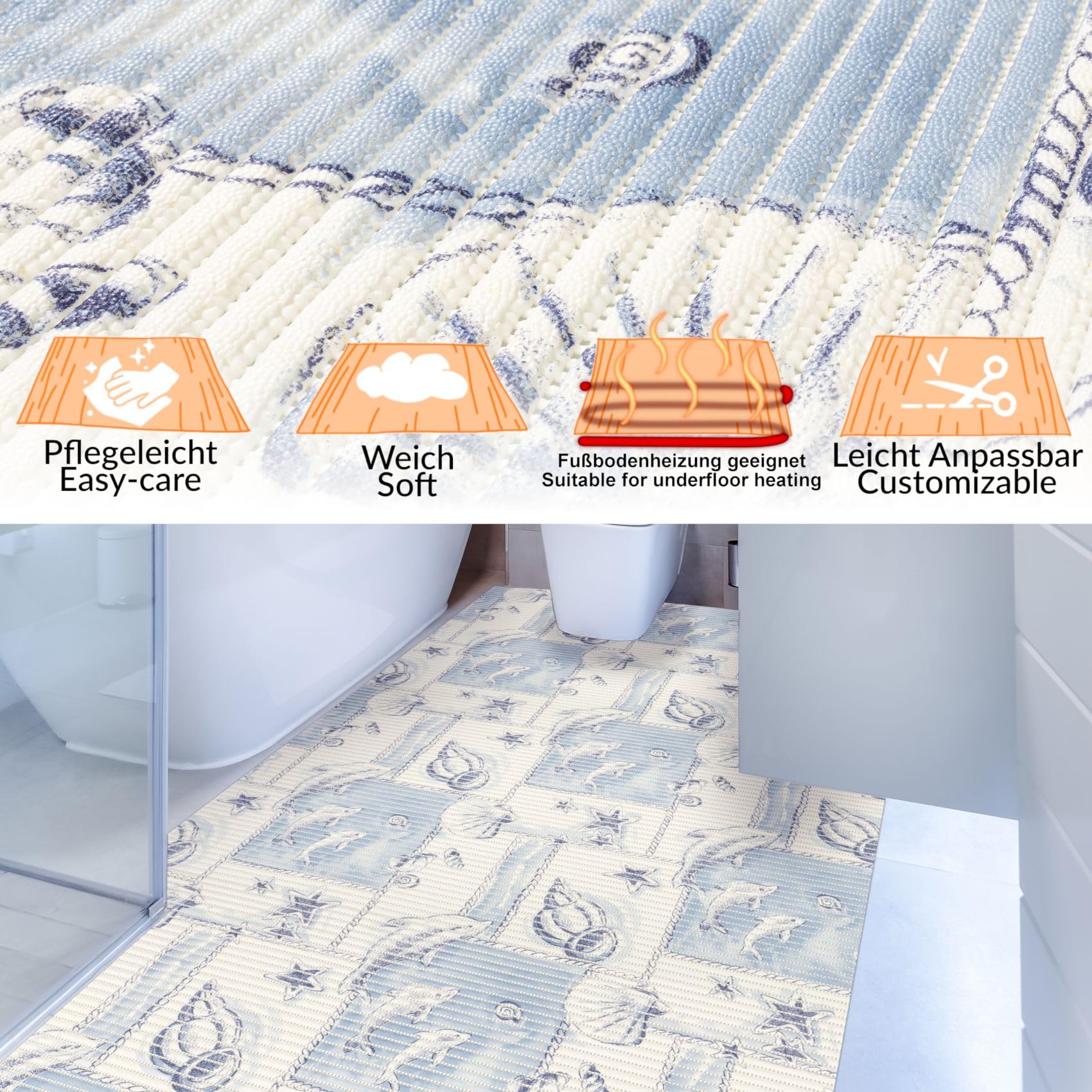 Weichschaummatte Badematte Bad Dusche WC Vorleger Teppich Antirutsch Badläufer Delfine Blau Weiß Maritim 200x130cm