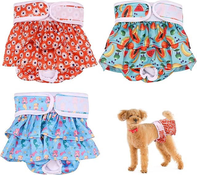 Reusable Dog Nappies,3 Pcs Female Pet Dog Cat Nappies,Super Absorbent Washable Dog Period Pants,Skirt Design Dog Season Pants Dog Diapers for Dogs in Heat,Period,Incontinence,3 Designs(S)