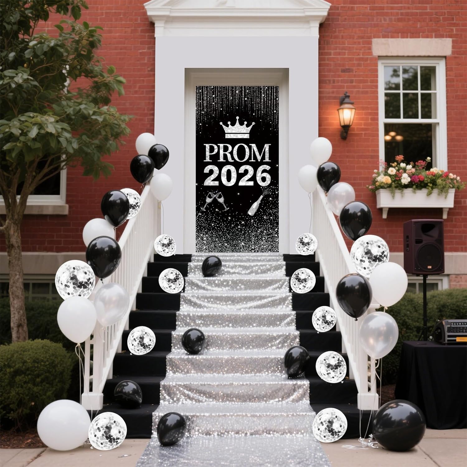 Prom 2026 Party Decorations Set Glitter Carpet Runner 15 x 2ft Runway Rug for Prom Party with Prom 2026 Door Banner, Tinsel Foil Fringe Curtains, Balloons for Graduation Prom Decoration (Silver)