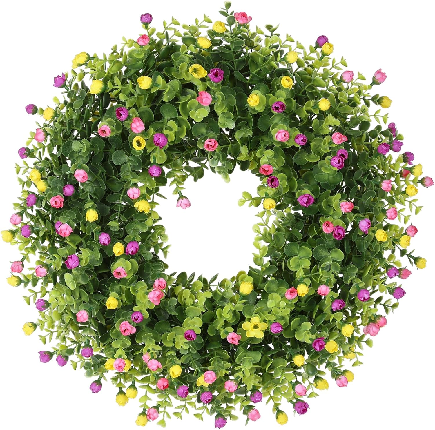 Spring Summer Wreaths for Front Door, Boxwood with Pink Rose Buds, Removable Blessing Sign, (Pink, 19)