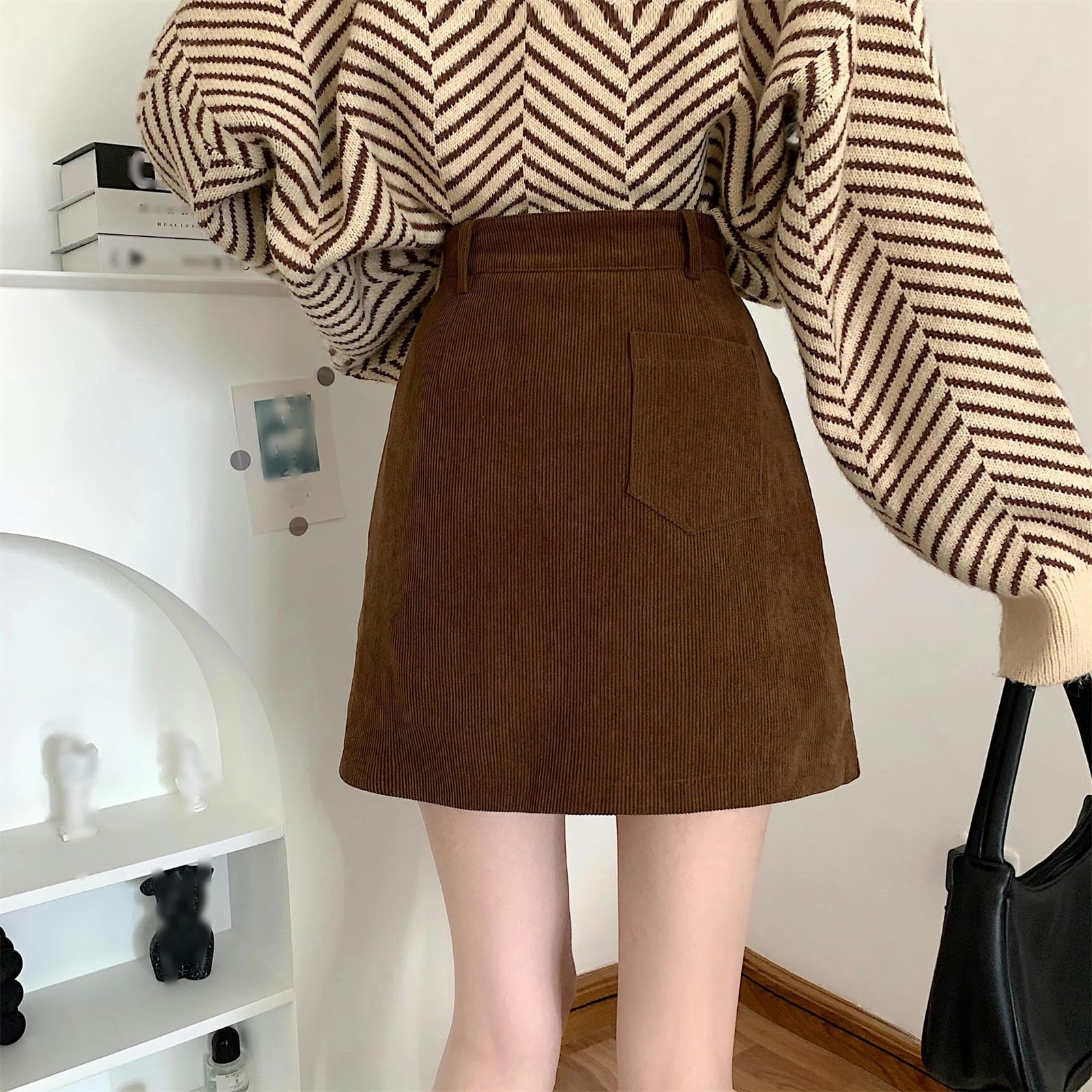 Spódnica sztruksowe spódnice damskie ciepły design zamek błyskawiczny z guzikami linia A mini spódniczka moda uliczna czarna bodyconskirt-czarny-S