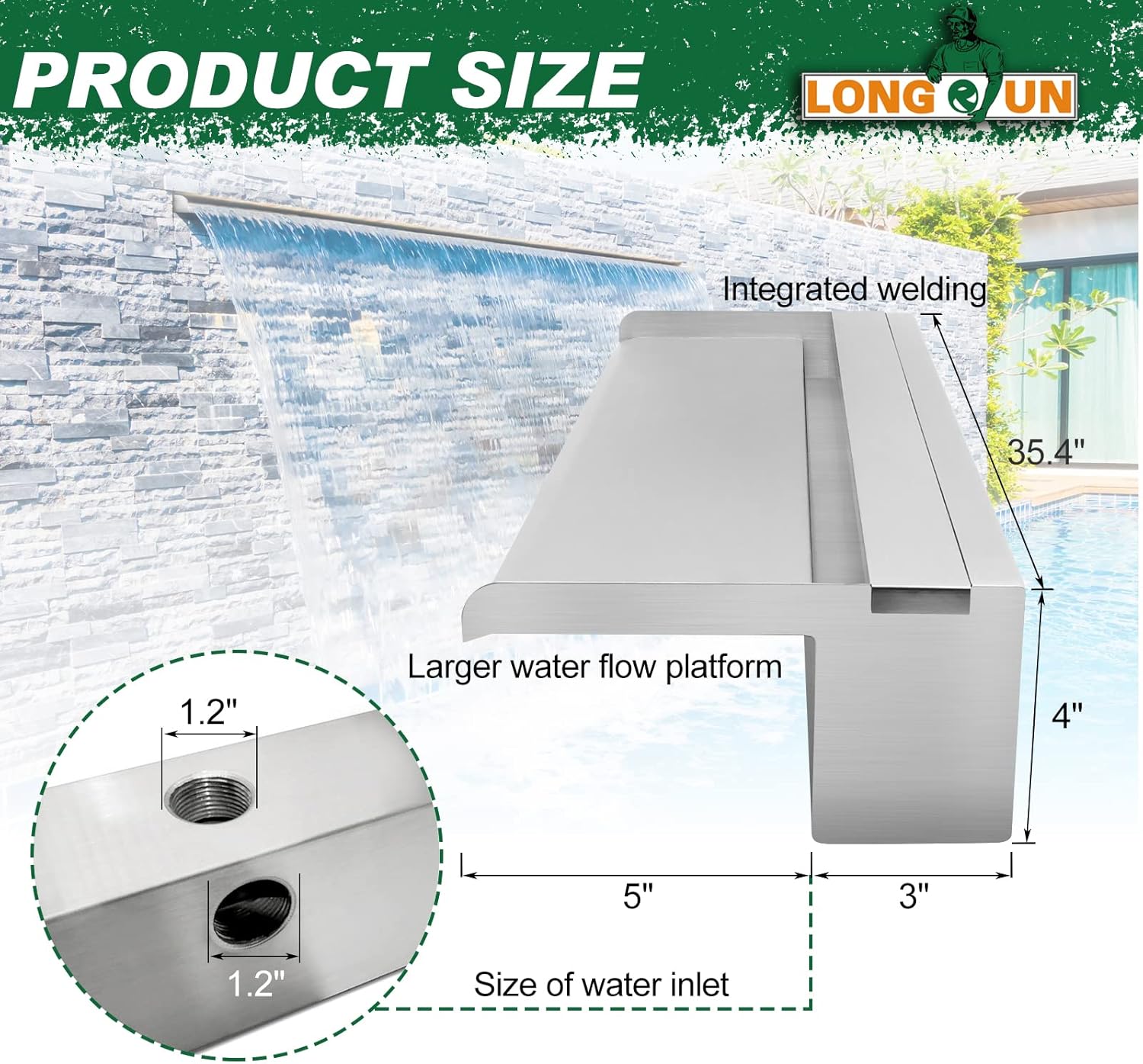 LONGRUN Stainless Steel Waterfall Spillway, APP Control Multi-Color LED Light Outdoor Pool Fountain, Water Spillway Koi Pond Waterfalls Fountains Kit for Garden Patio Swimming Pool Decoration-35.4"