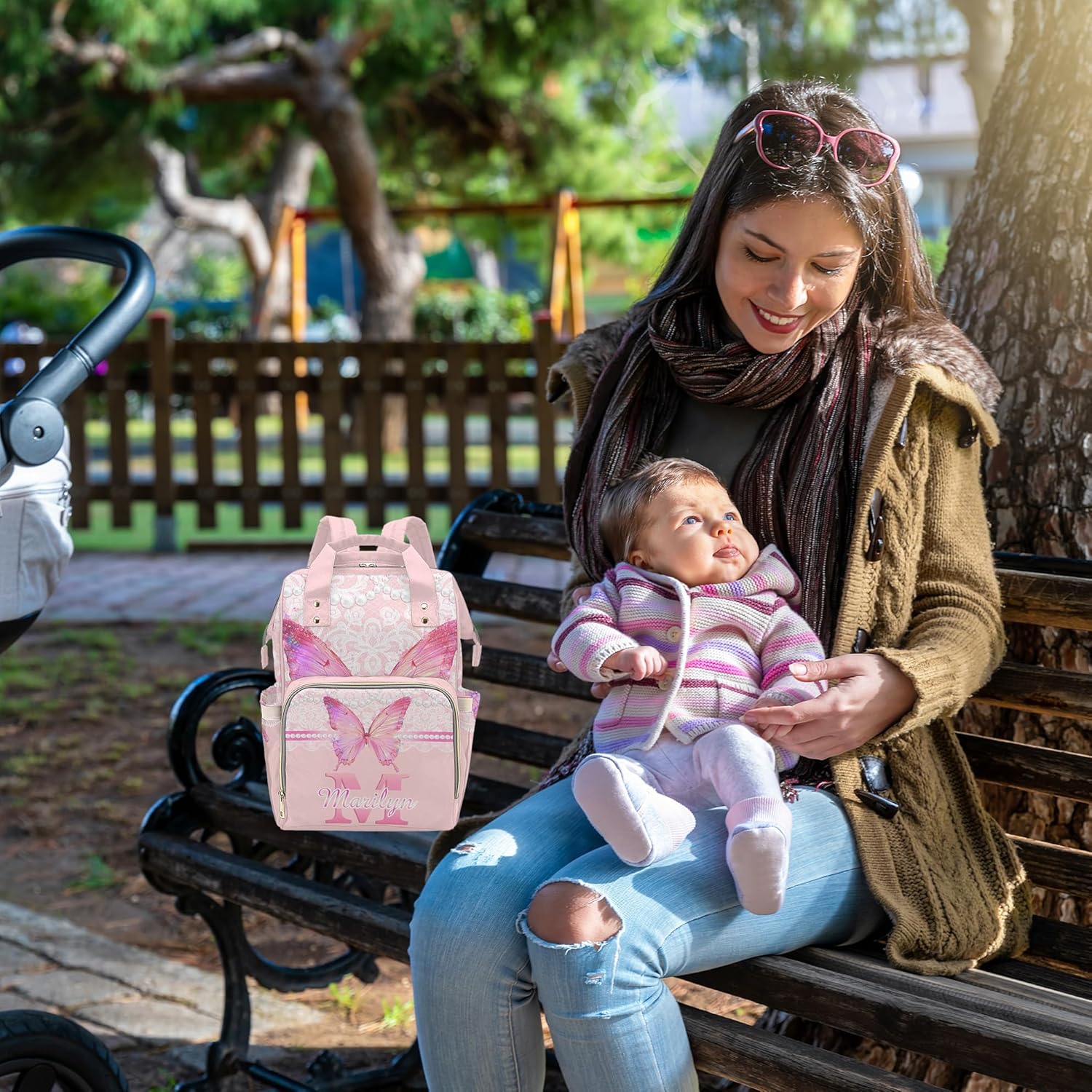 Personalized Name Diaper Bag Baby Girl Bag with Thermal Pockets Butterfly Monogrammed, Customized Mommy Bag with Name for Baby Girls Boys Outdoor Mother's Day Father's Day