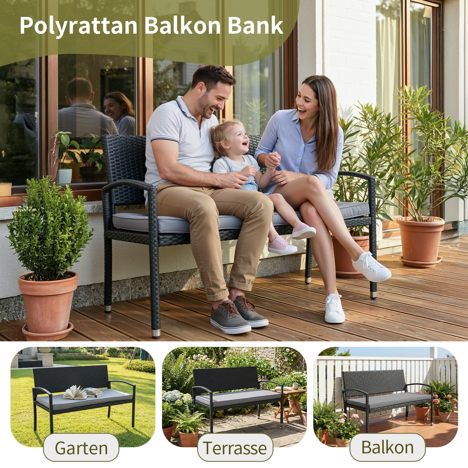 LIFERUN Gartenbank Wetterfest mit Sitzkissen, 2 Sitzer Polyrattan Sitzbank, 320kg Belastbar, Gemütliche Gartenmöbel Bank Outdoor, 122x60x90cm, Balkonbank für Kleinen Balkon, Garten, Terrasse, Schwarz