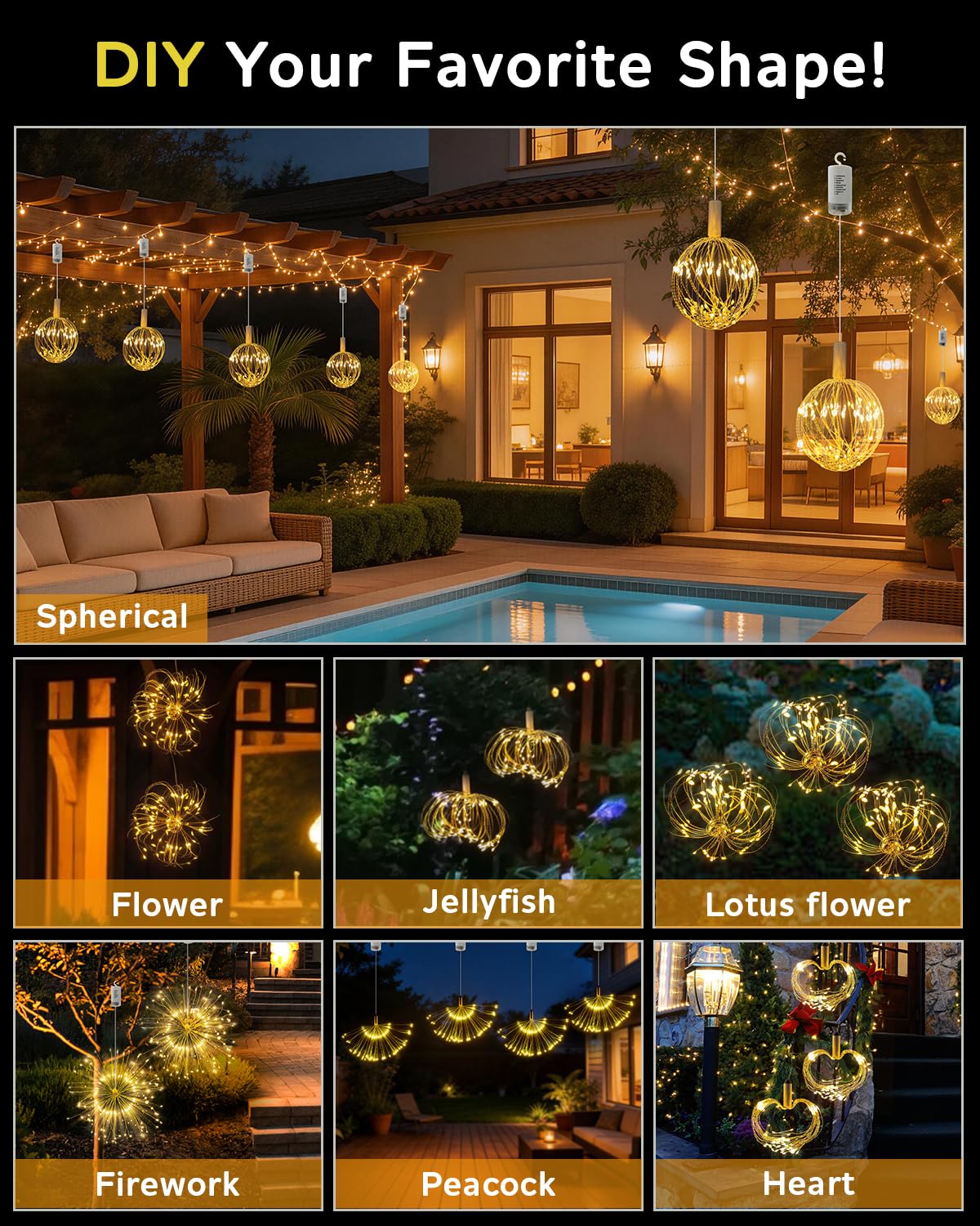 FOOING Luci Fuochi d’Artificio LED 120 LEDs, Ghirlanda a Batteria con 8 Modalità, Luci Decorative per Natale, Feste, Matrimoni, Finestre, Giardino ed Esterno