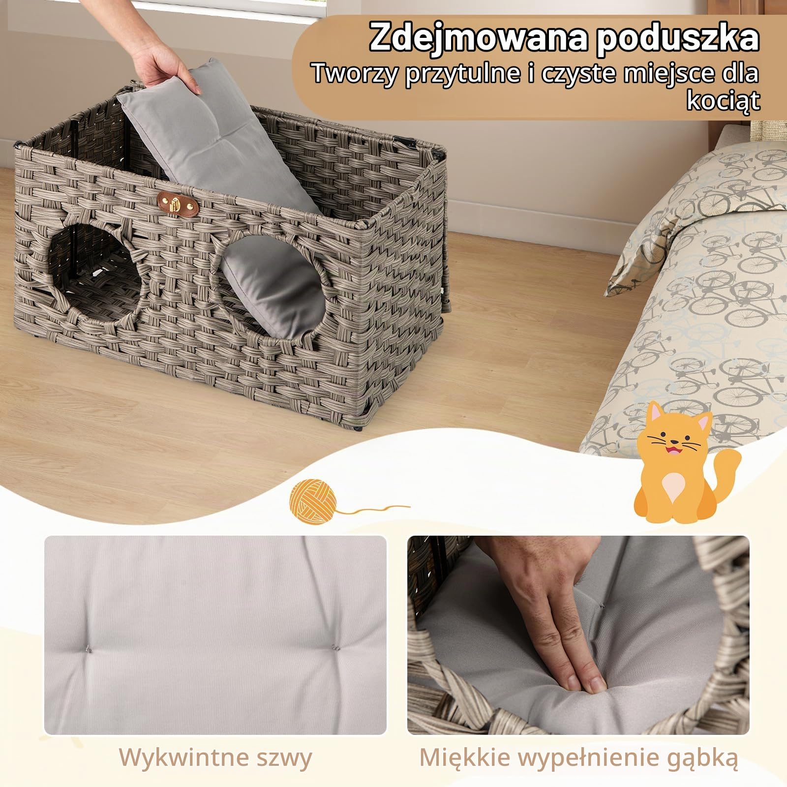 COSTWAY Domek dla kotów z ratanu PE, składany, łóżko dla kota z odpinanym poduszkami i zamykanym pokrywem, szafka dla kotów dla małych i średnich kotów, meble dla kotów do użytku w pomieszczeniach, 60