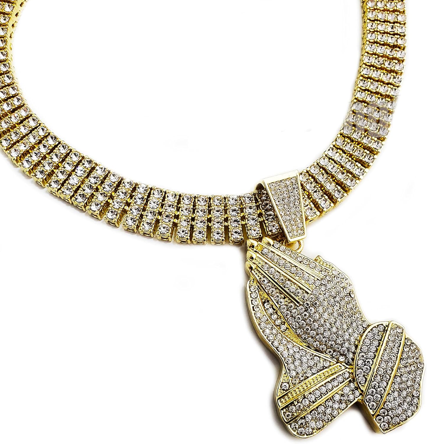 Hip Hop Gold Plated Praying Hands Large Pendant & 20" 30" Iced 4 Row Tennis Chain Bling Necklace