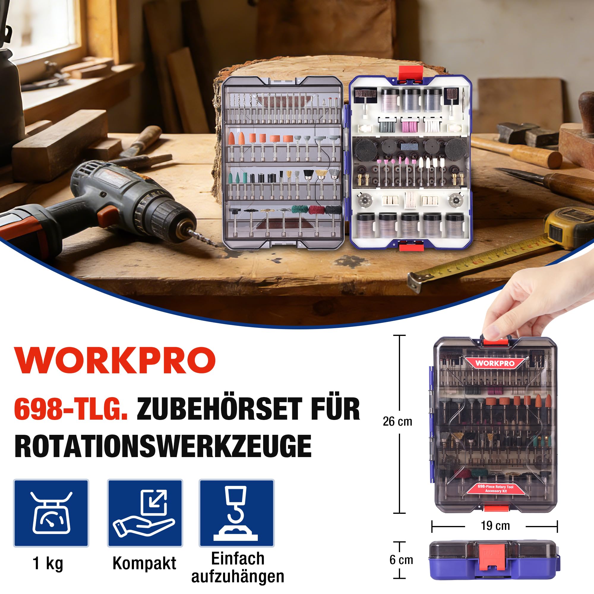 WORKPRO 698-tlg. Multifunktionswerkzeug Zubehör Set, Rotationswerkzeug Zubehör zum Schneiden, Schleifen, Polieren, Gravieren, Bohren und Reinigen