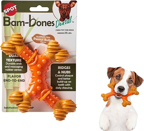 SPOT Bam-Bones Dental X-Bone - Hecho con fibra de bambú y un centro de goma masajeadora, masticable duradero para perros masticadores ligeros y