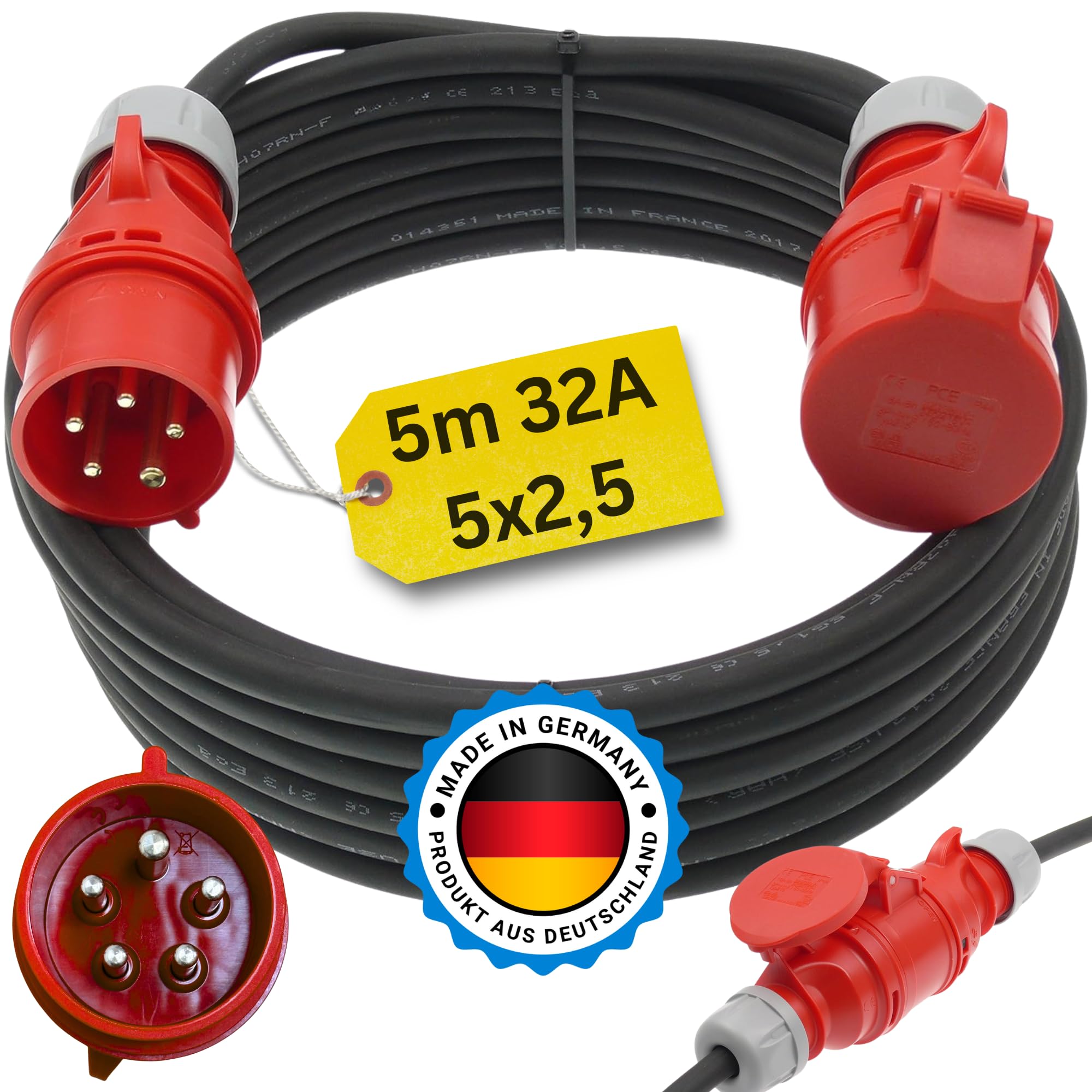 CEE Starkstromkabel 400V / 32A 5m Verlängerungskabel 5-polig (3P+N+PE) H07RN-F 5x2,5 mm² AC Gummikabel IP44 Außenbereich