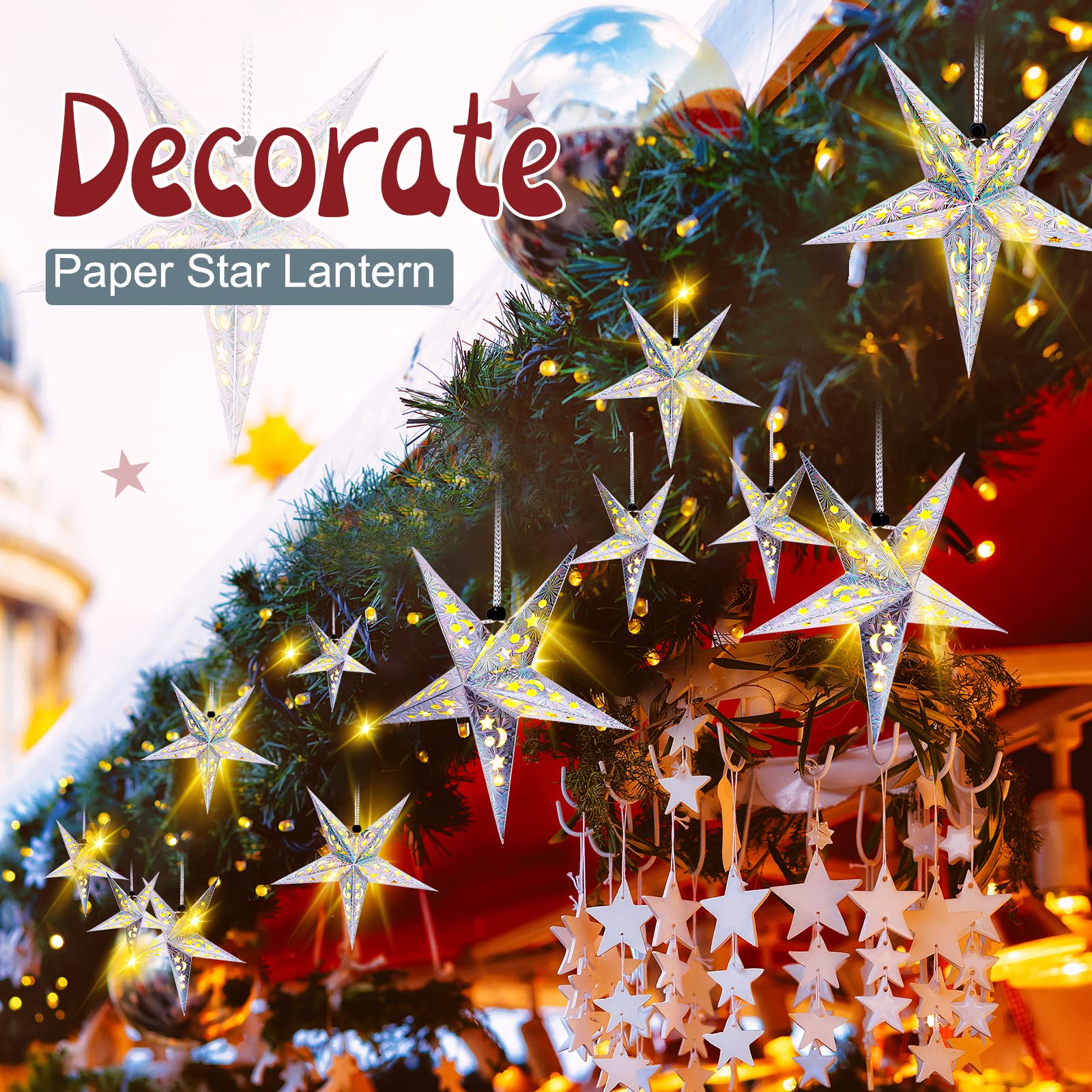 Juego de 20 faroles de estrella de papel de Navidad, 2 tamaños, 17.7 pulgadas, 11.8 pulgadas, adornos colgantes de Navidad, pantalla 3D, decoración colgante con 20 luces LED para Navidad, Año Nuevo,