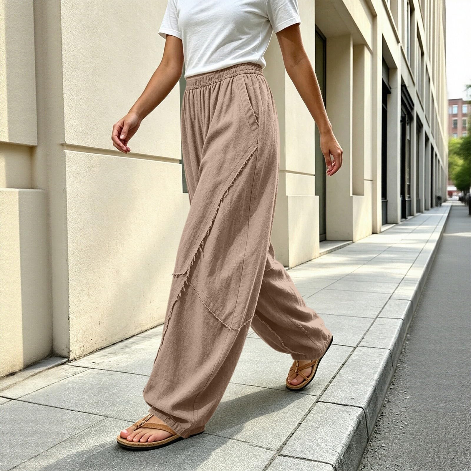 Pantaloni estivi da donna, per il tempo libero, con tasche, leggeri | Pantaloni svasati, in tinta unita, stile boho, eleganti, da donna, comodi, da spiaggia, per tutti i giorni, casual