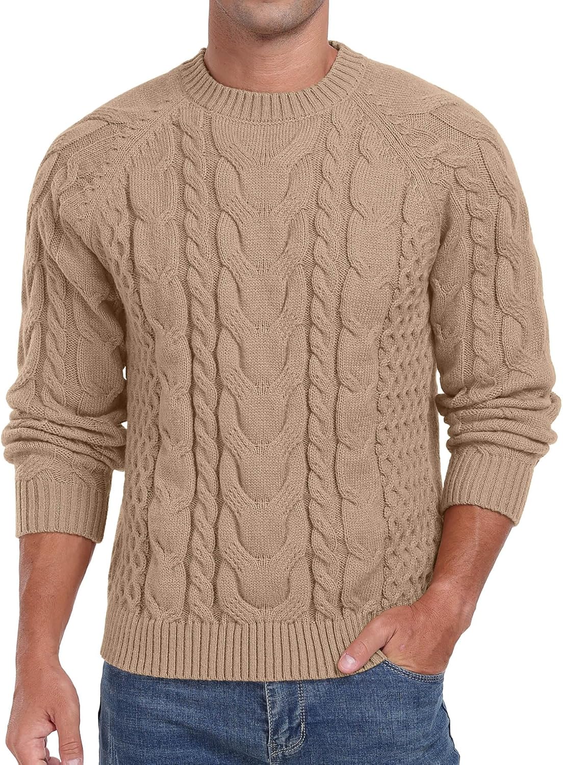 Men's Pullover Sweater Cable Knit Crewneck Sweater Long Sleeve Classic Casual Sweater Tops Khaki